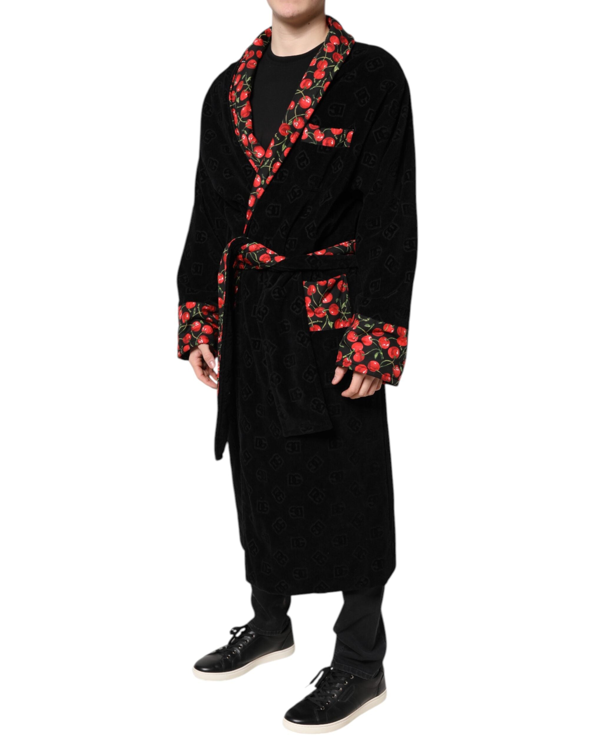 Black Cherry Print Wrap Robe Men Coat Jacket