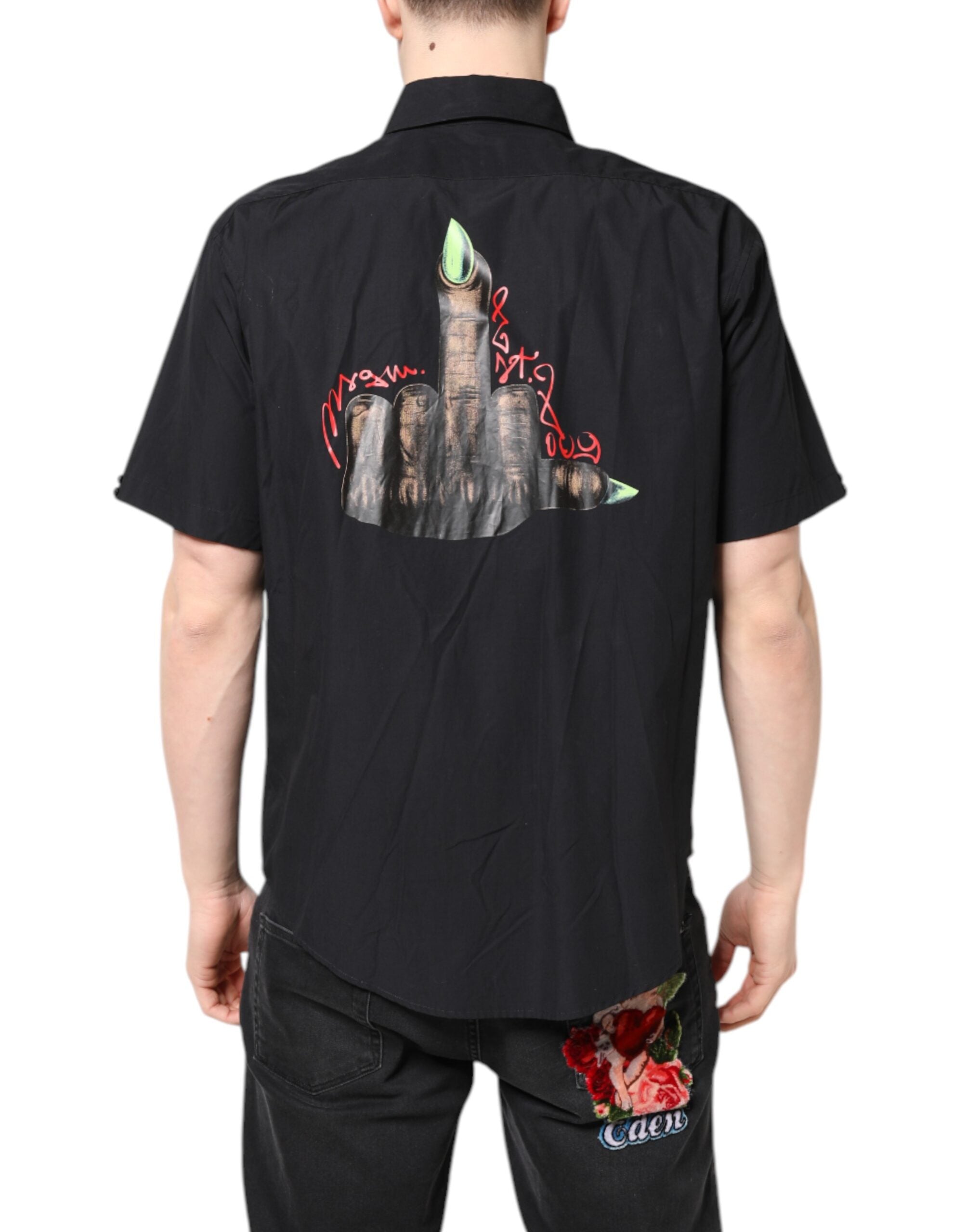 Black Printed Short Sleeves Collared Men Casual Shirt