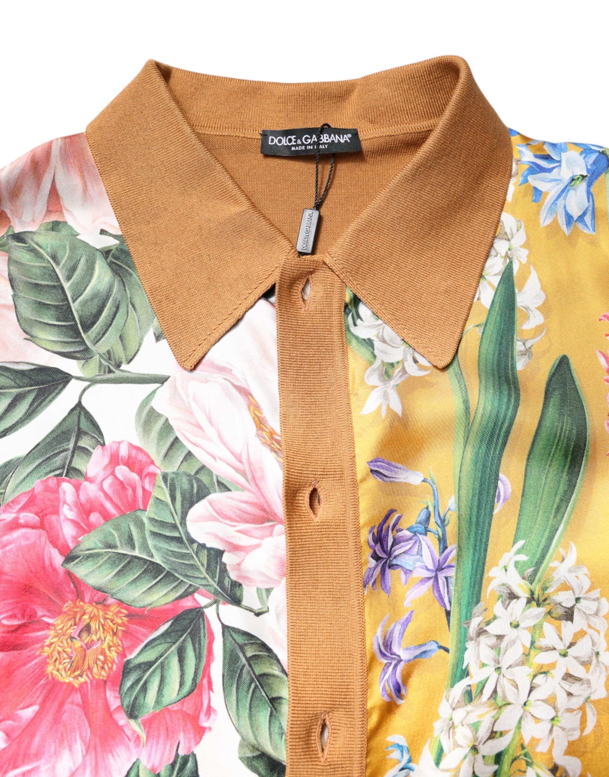 Brown Floral Collared Short Sleeve T-shirt