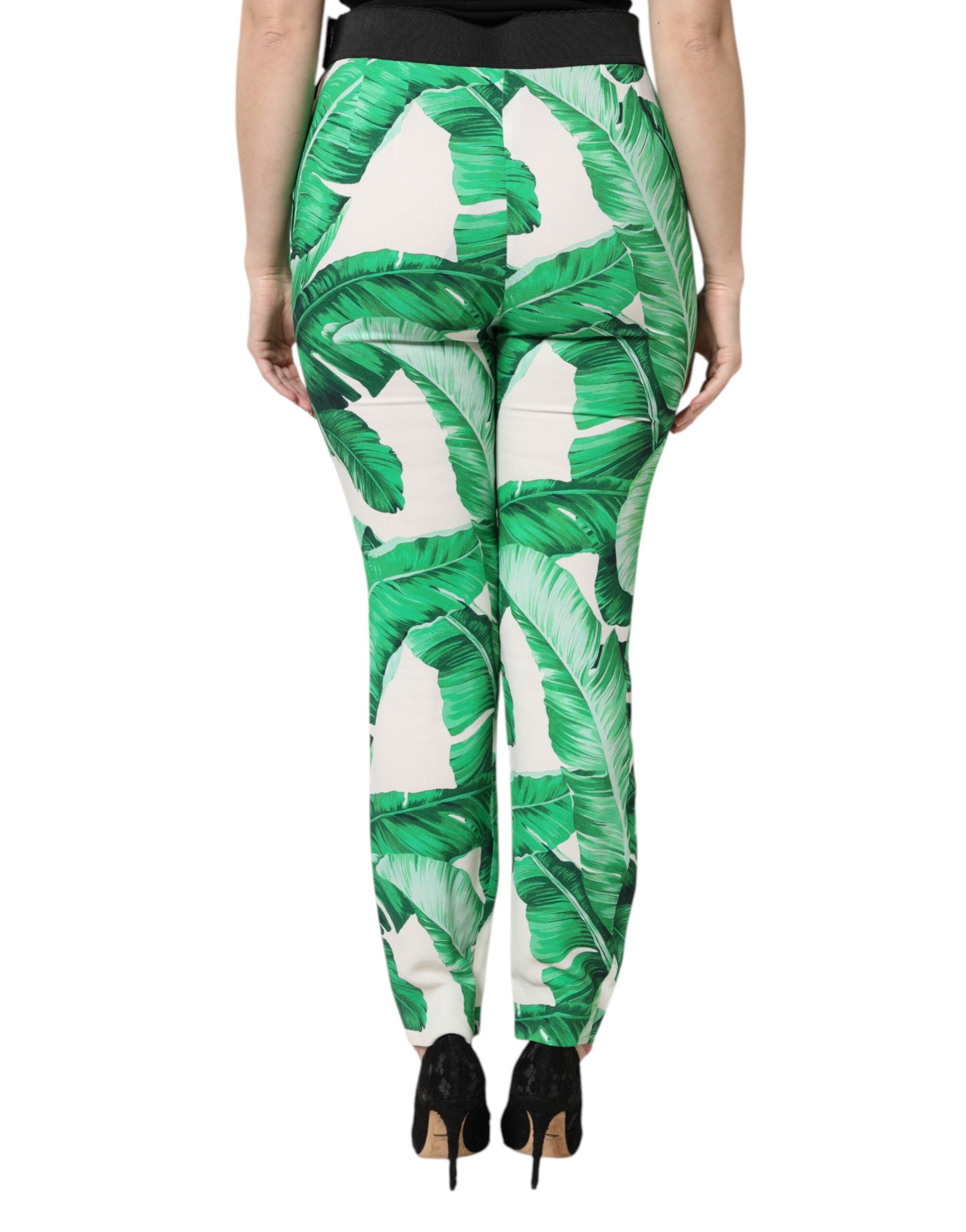 White Green Leaf High Waist Pants