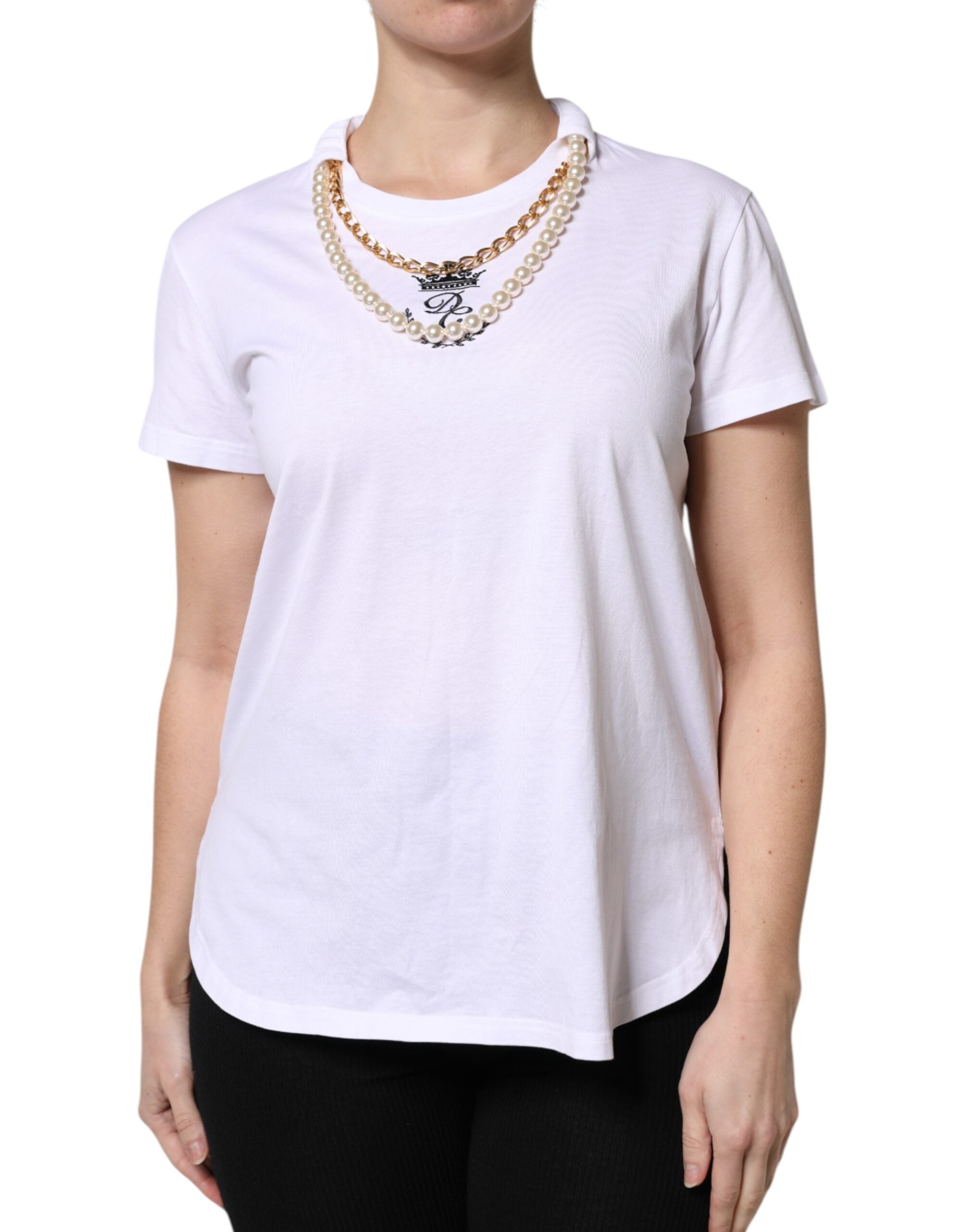 White Chain Pearl Cotton Round Neck T-shirt