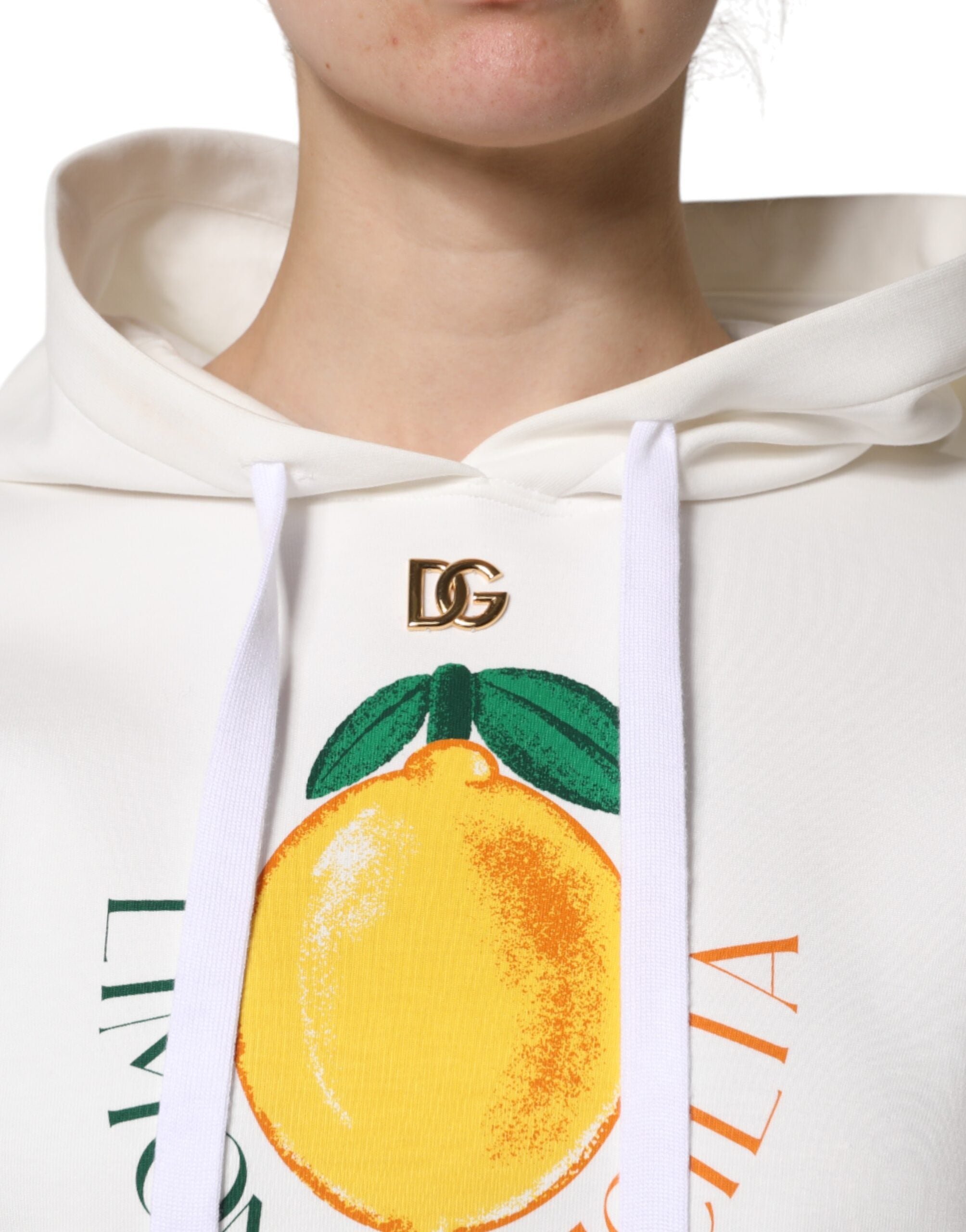 Ivory Cotton Printed Hooded Pullover Sweater