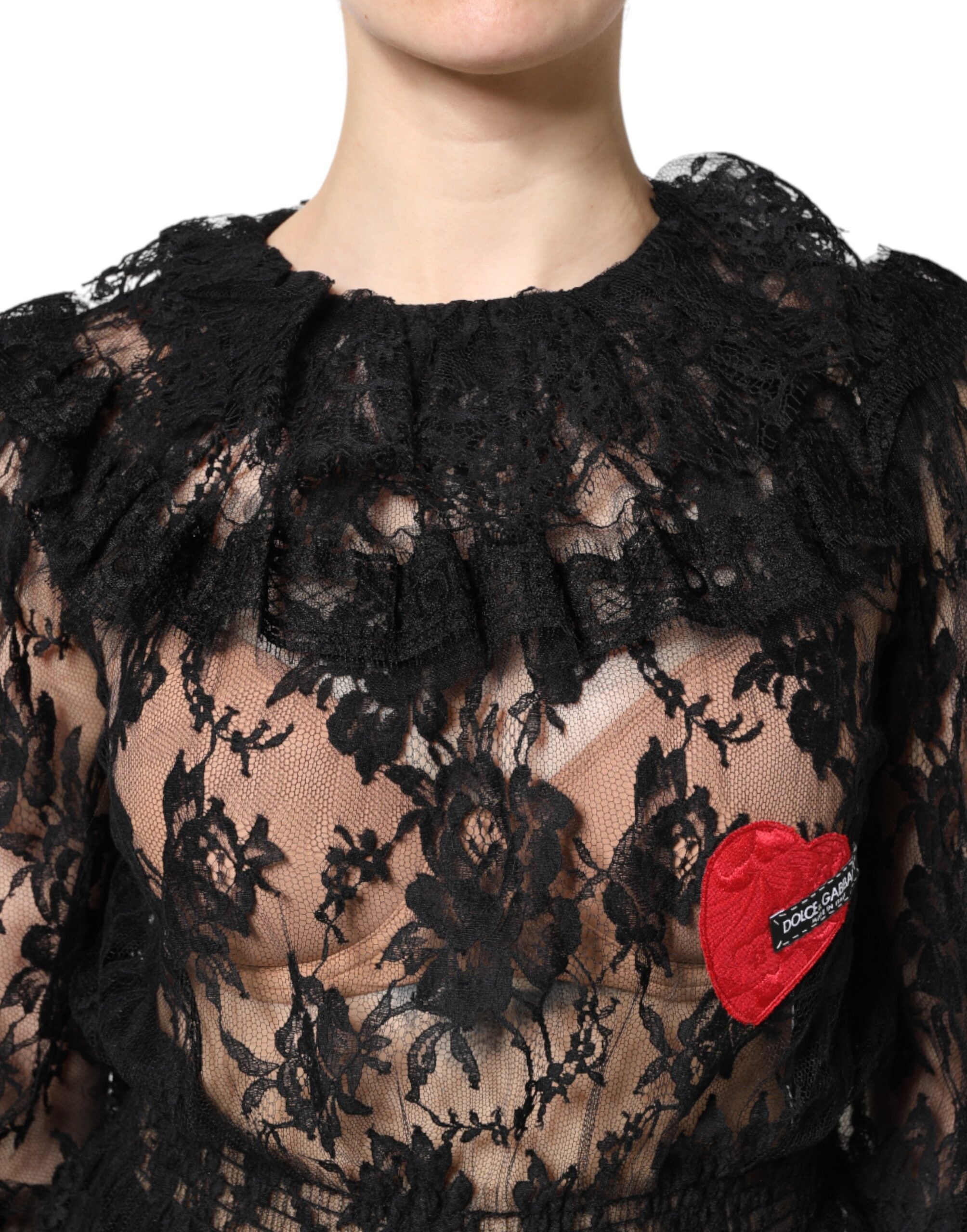 Black Cotton Floral Lace Women Blouse Top
