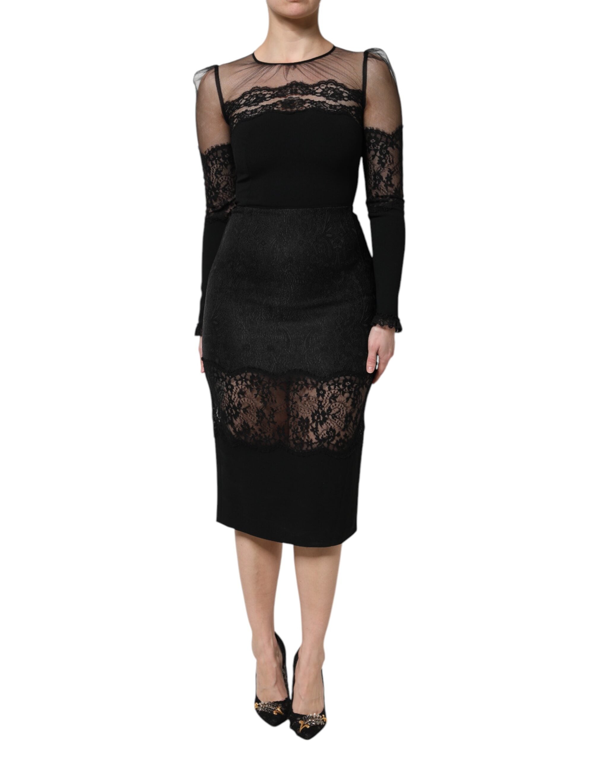 Black Lace Trim Nylon Tulle Sheath Midi Dress