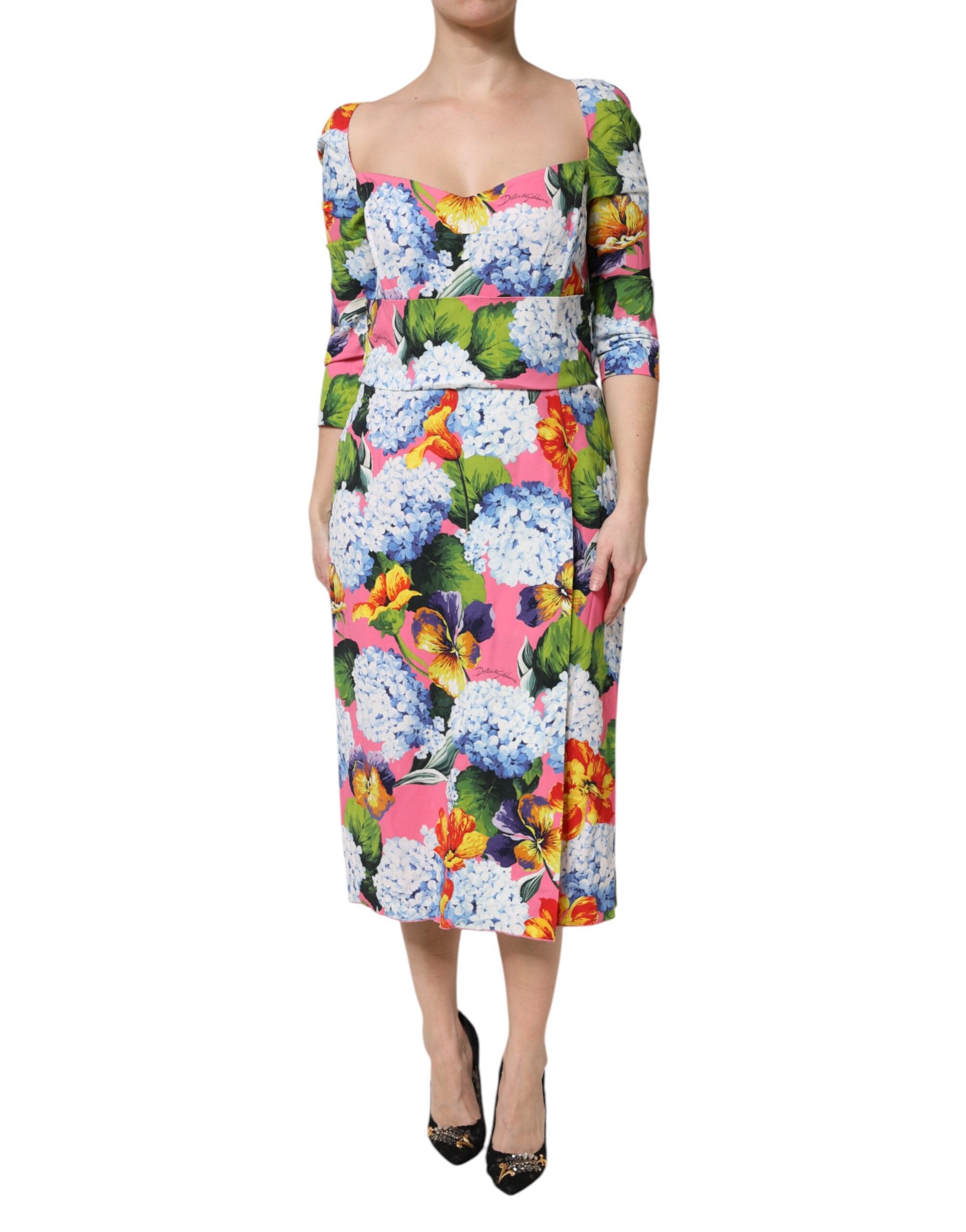 Multicolor Floral Pleated Sheath Midi Dress