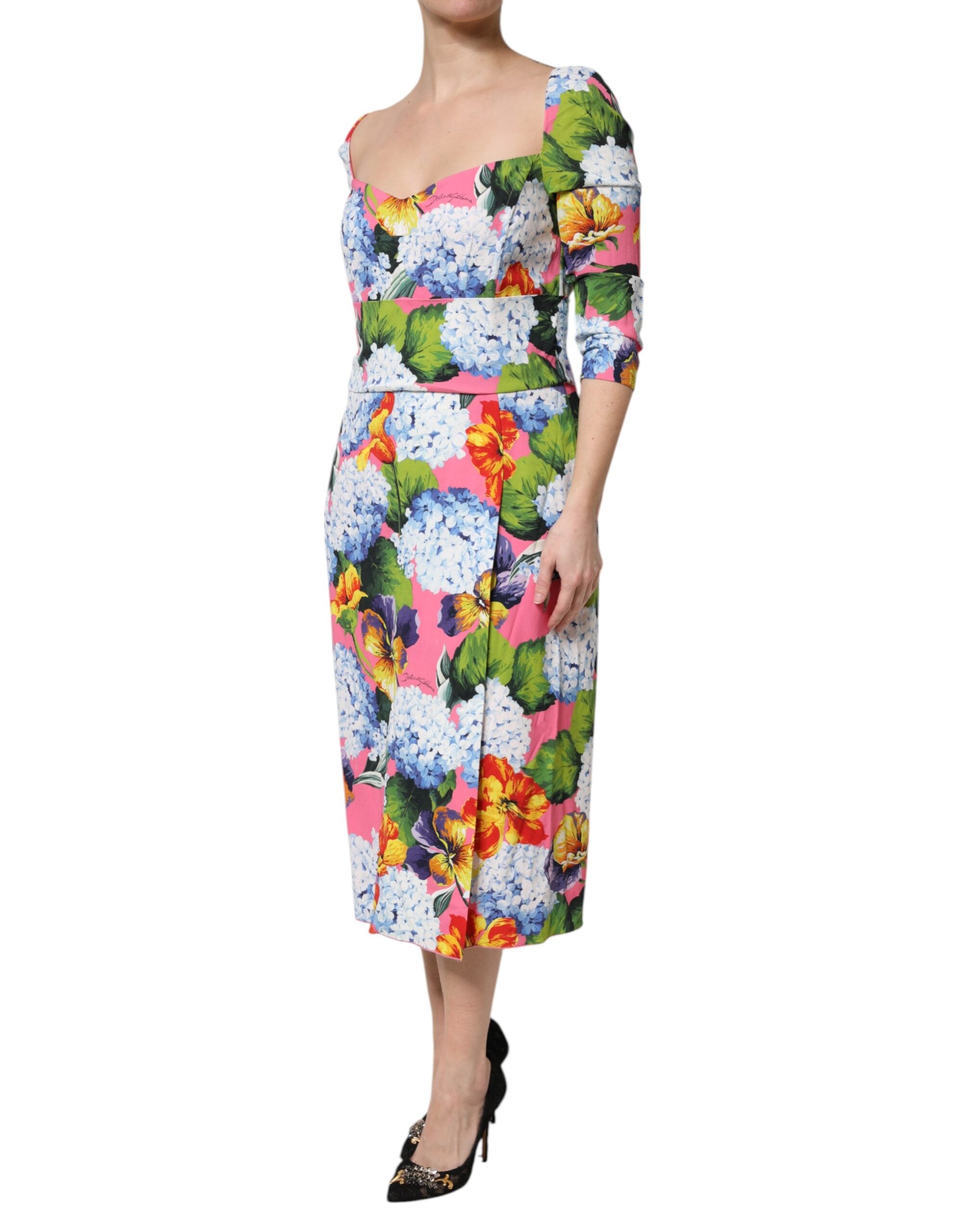 Multicolor Floral Pleated Sheath Midi Dress
