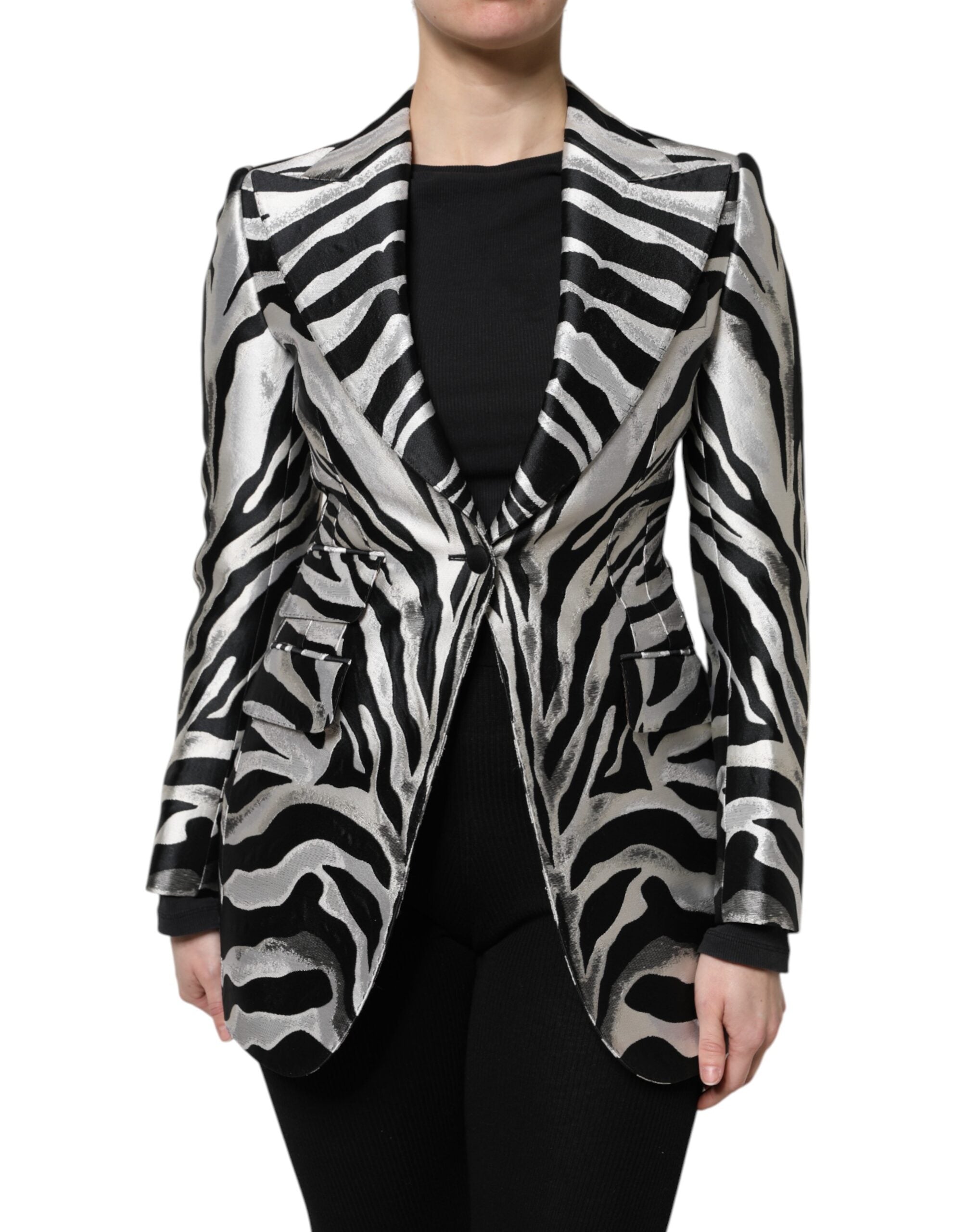 Black White Polyester Women Blazer Jacket