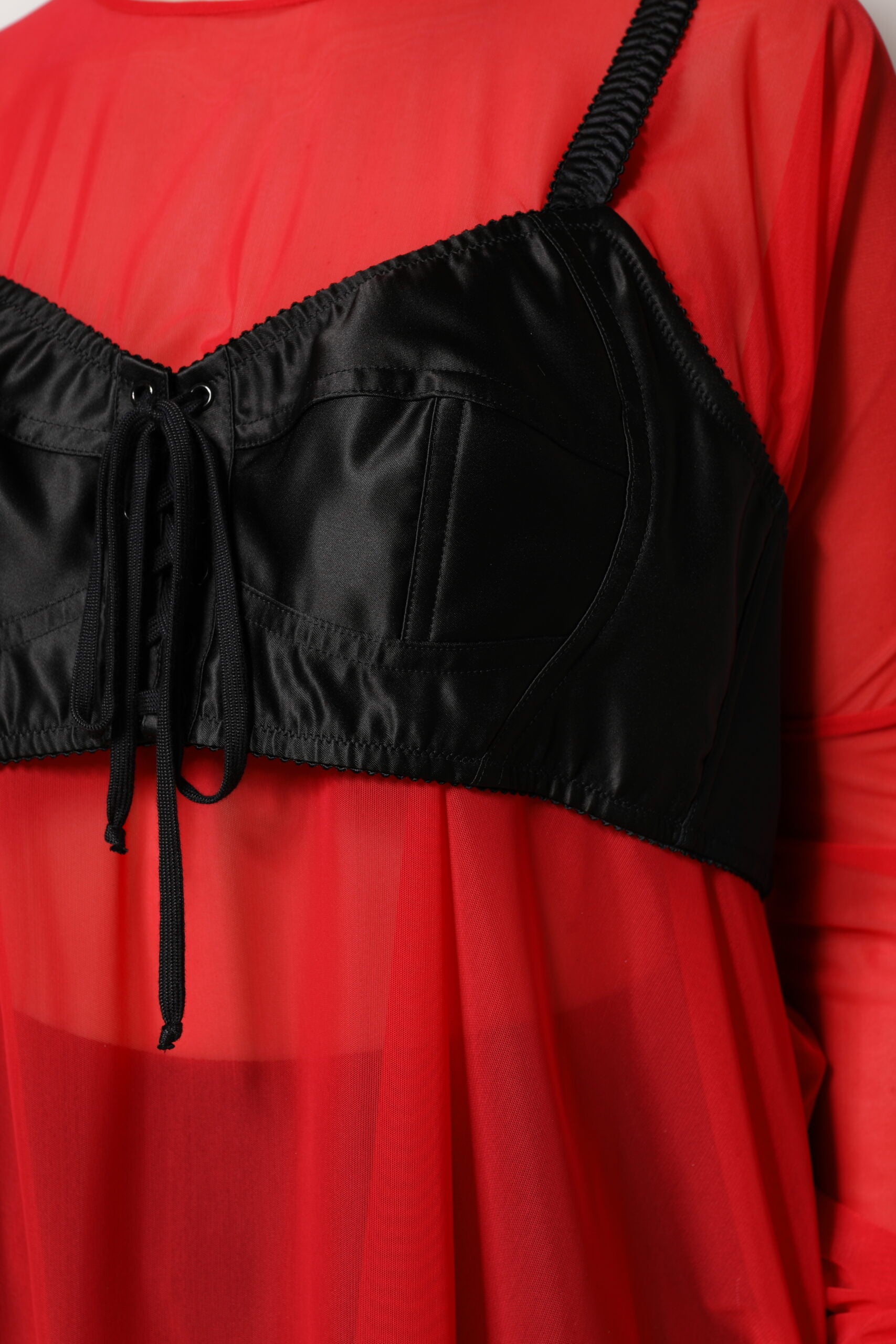 Red Black Bustier Detailing Long Sleeves Top
