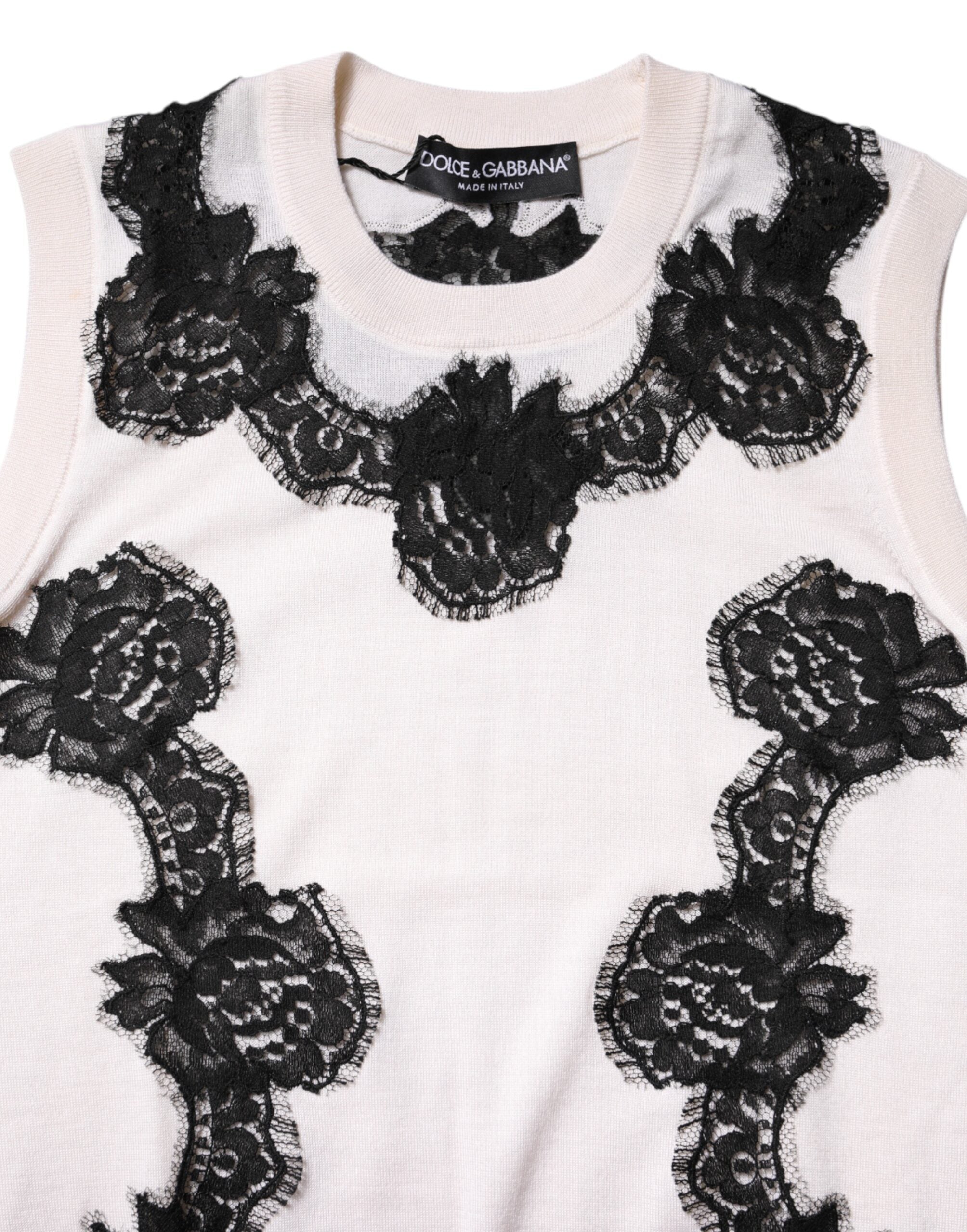 White Cashmere Floral Lace Detailing Tank Top