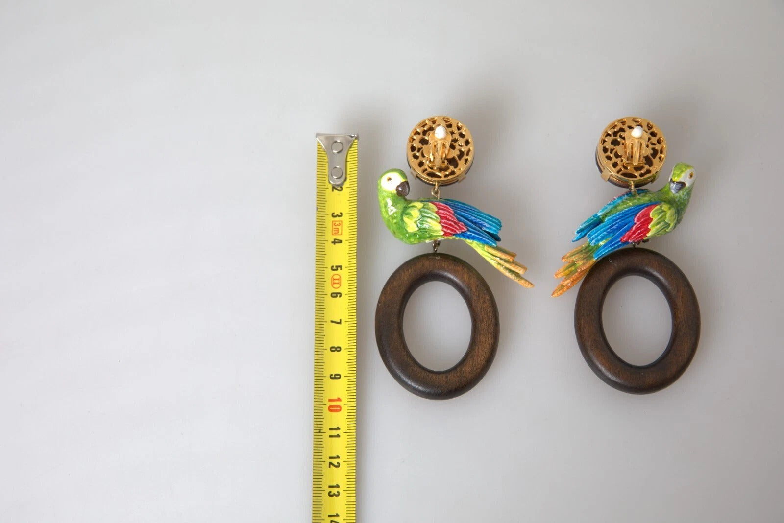 Multicolor Parrot Wood Brass Crystal Embellished Earrings