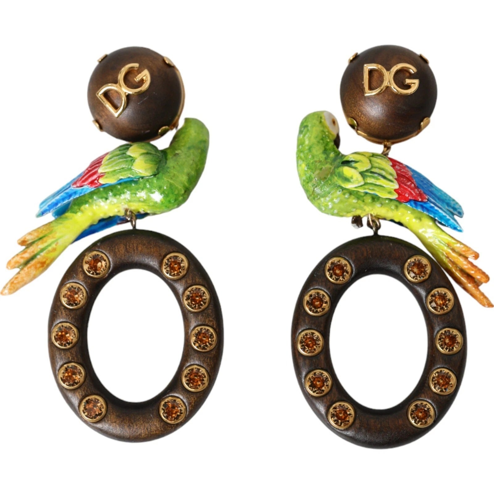 Multicolor Parrot Wood Brass Crystal Embellished Earrings