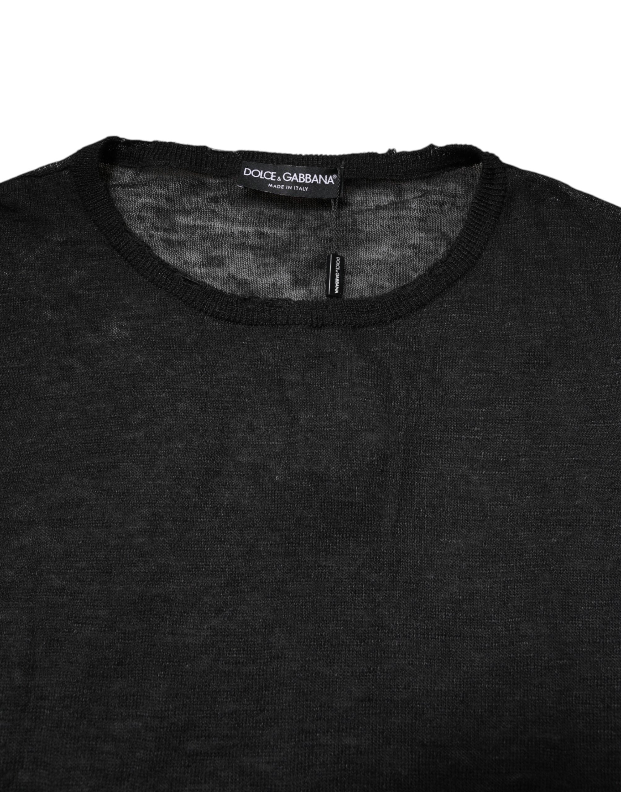 Black Polyester Crew Neck Pullover Sweater