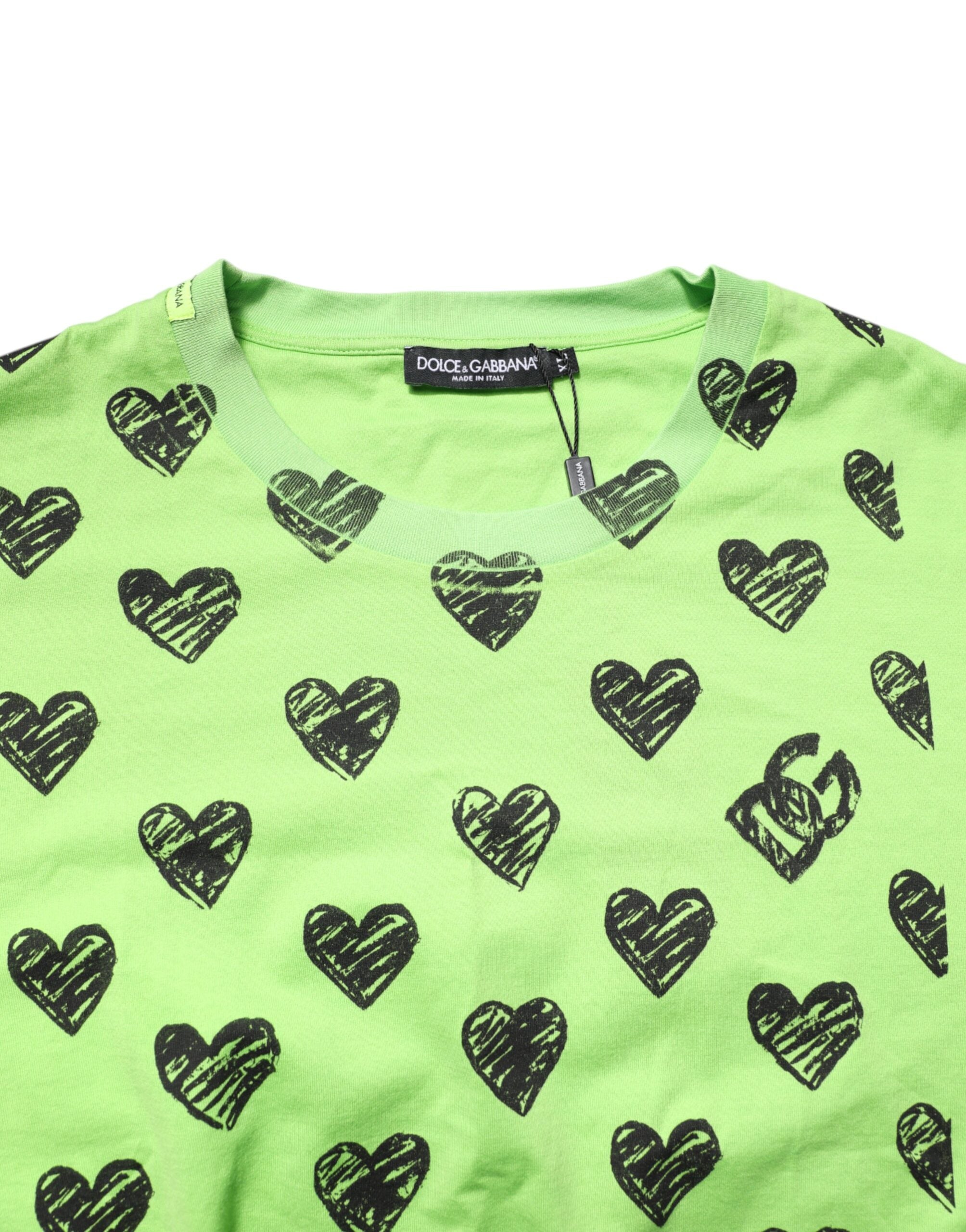 Green Heart Print Cotton Crew Neck T-shirt
