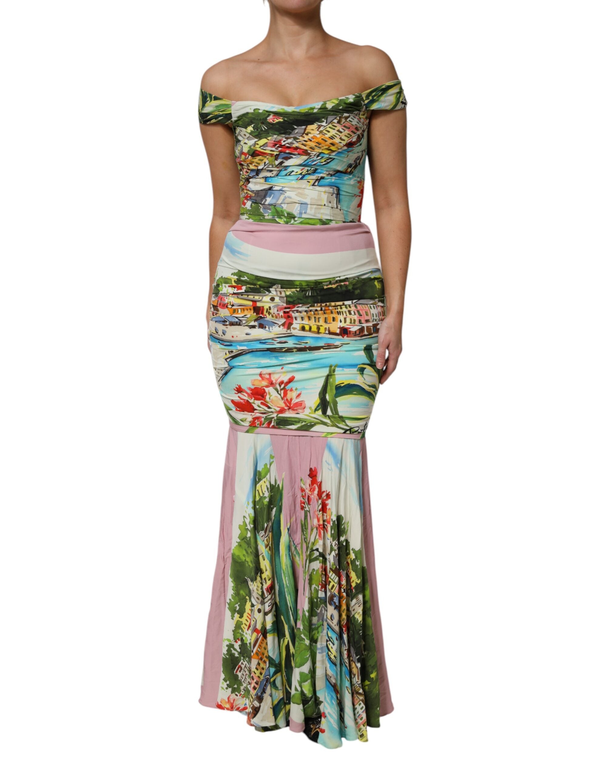 Multicolor Off Shoulder Long Sheath Dress