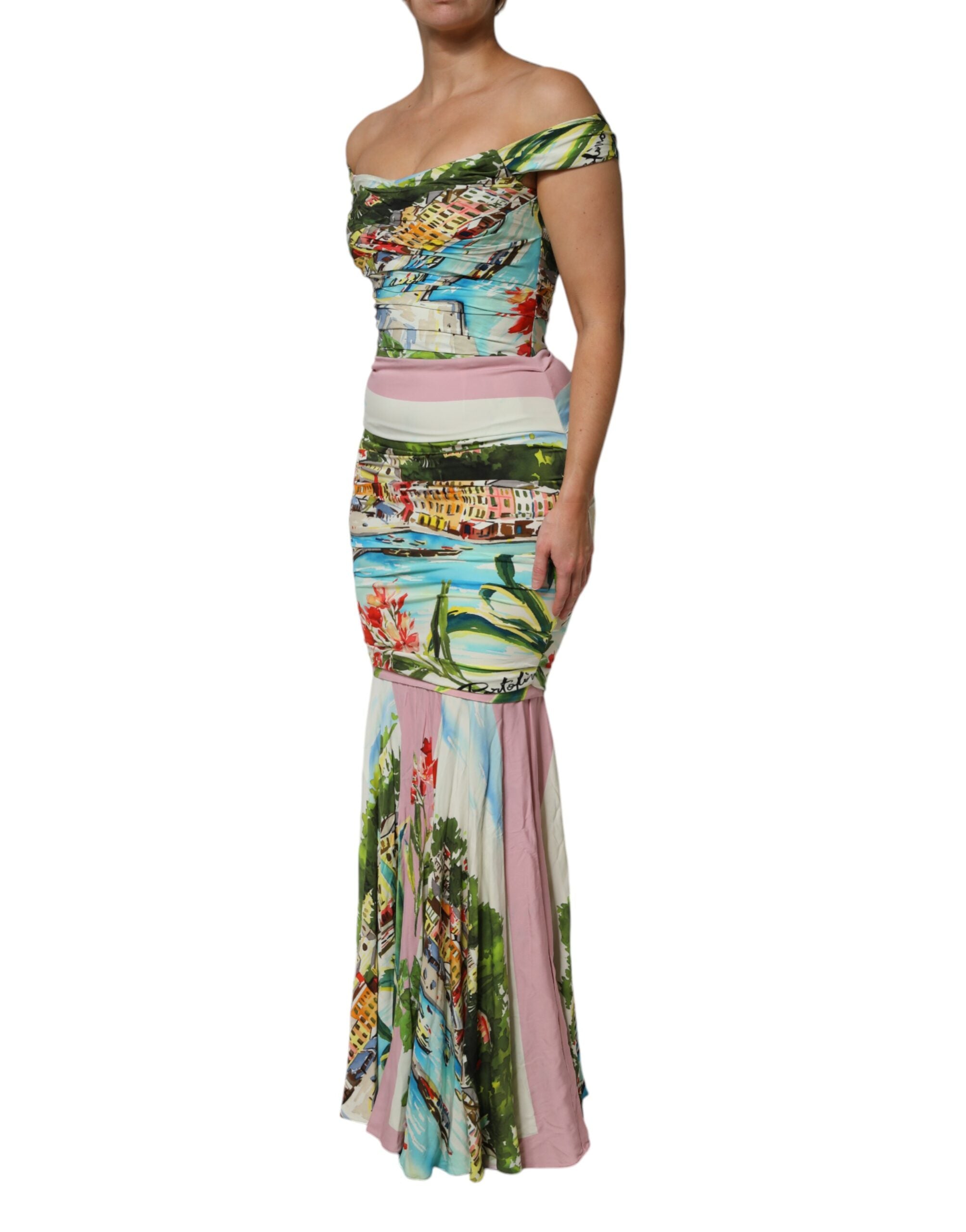 Multicolor Off Shoulder Long Sheath Dress