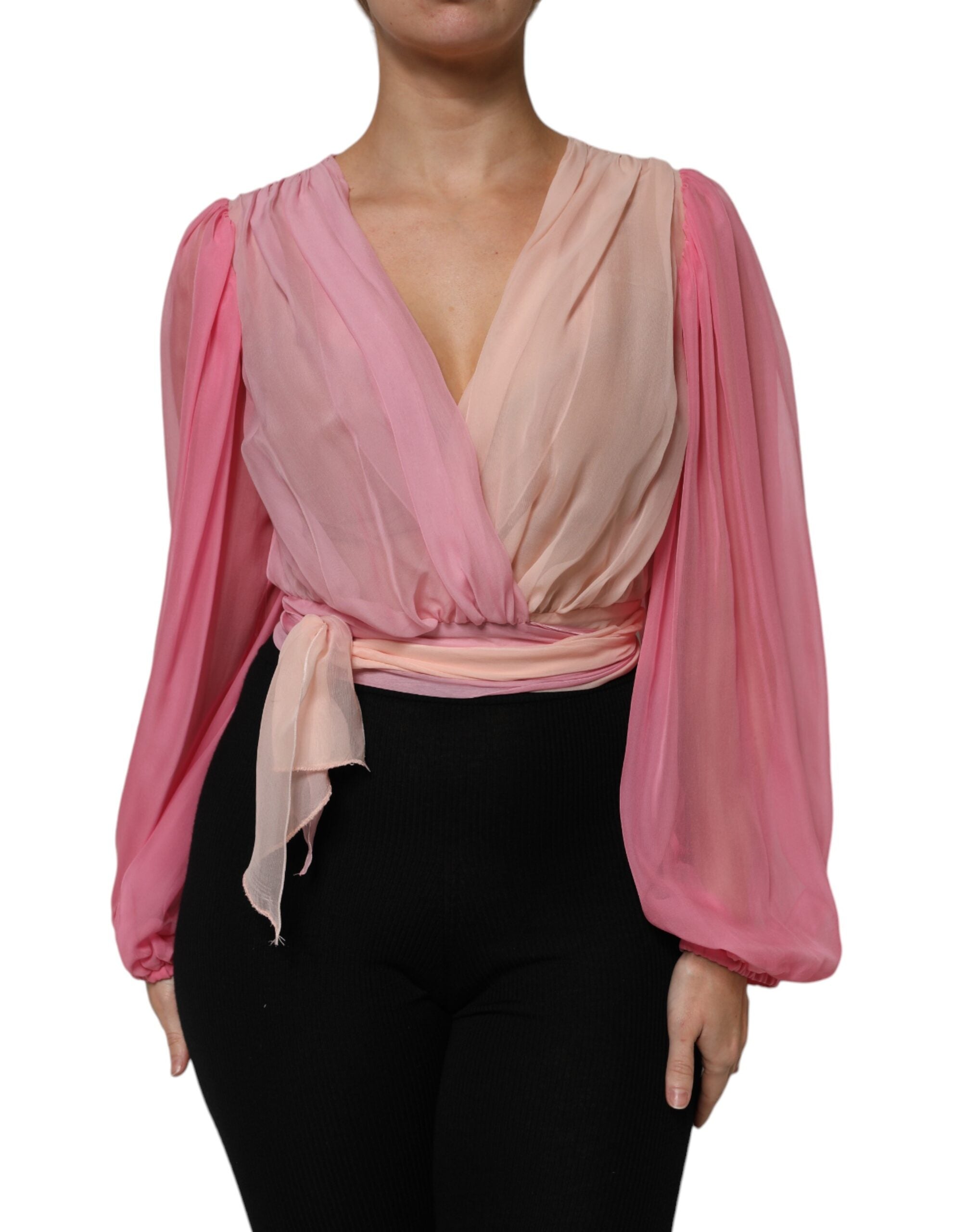 Pink Plunging V-neck Long Sleeves Blouse Top