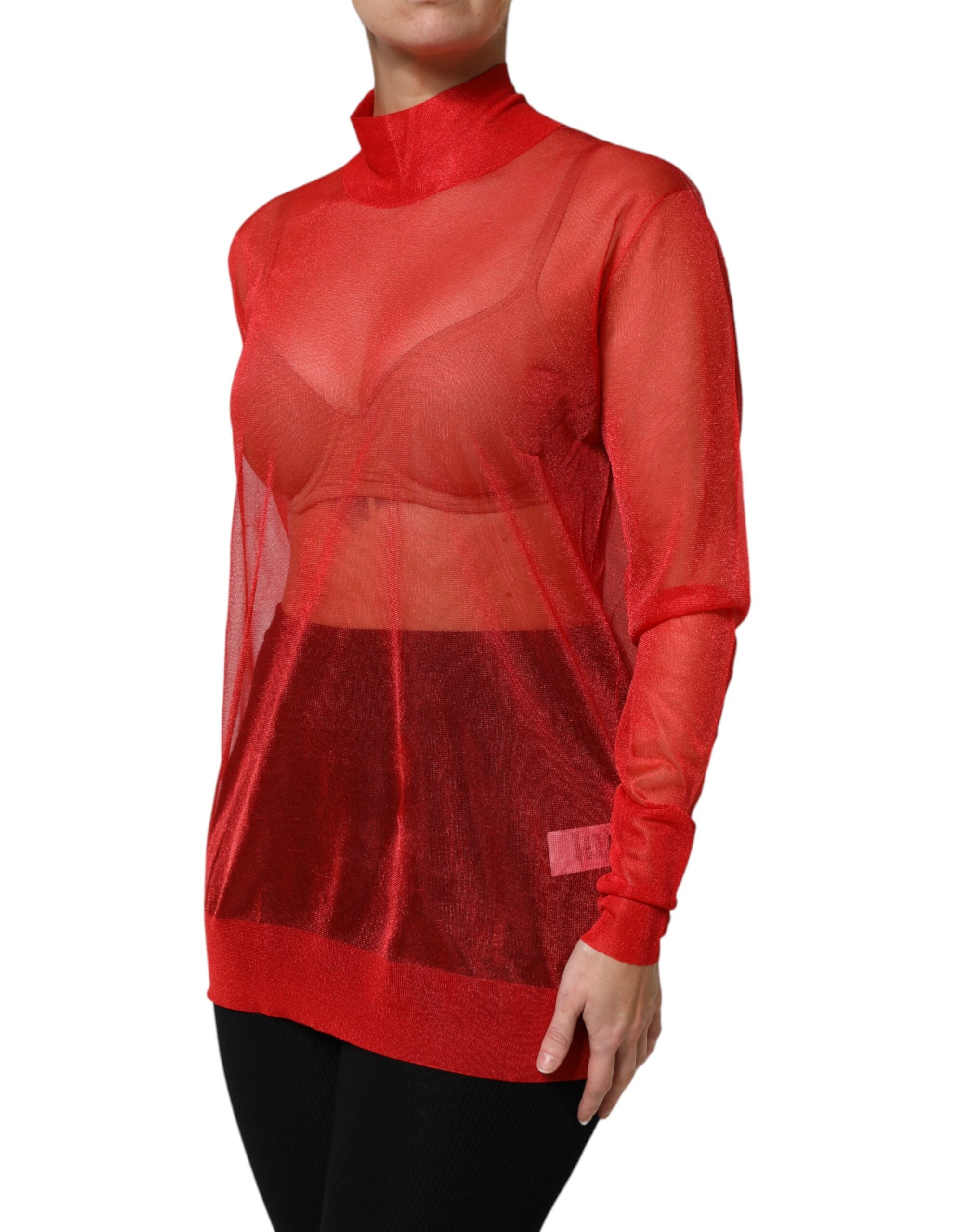 Red Tulle Turtleneck Long Sleeve Blouse Top