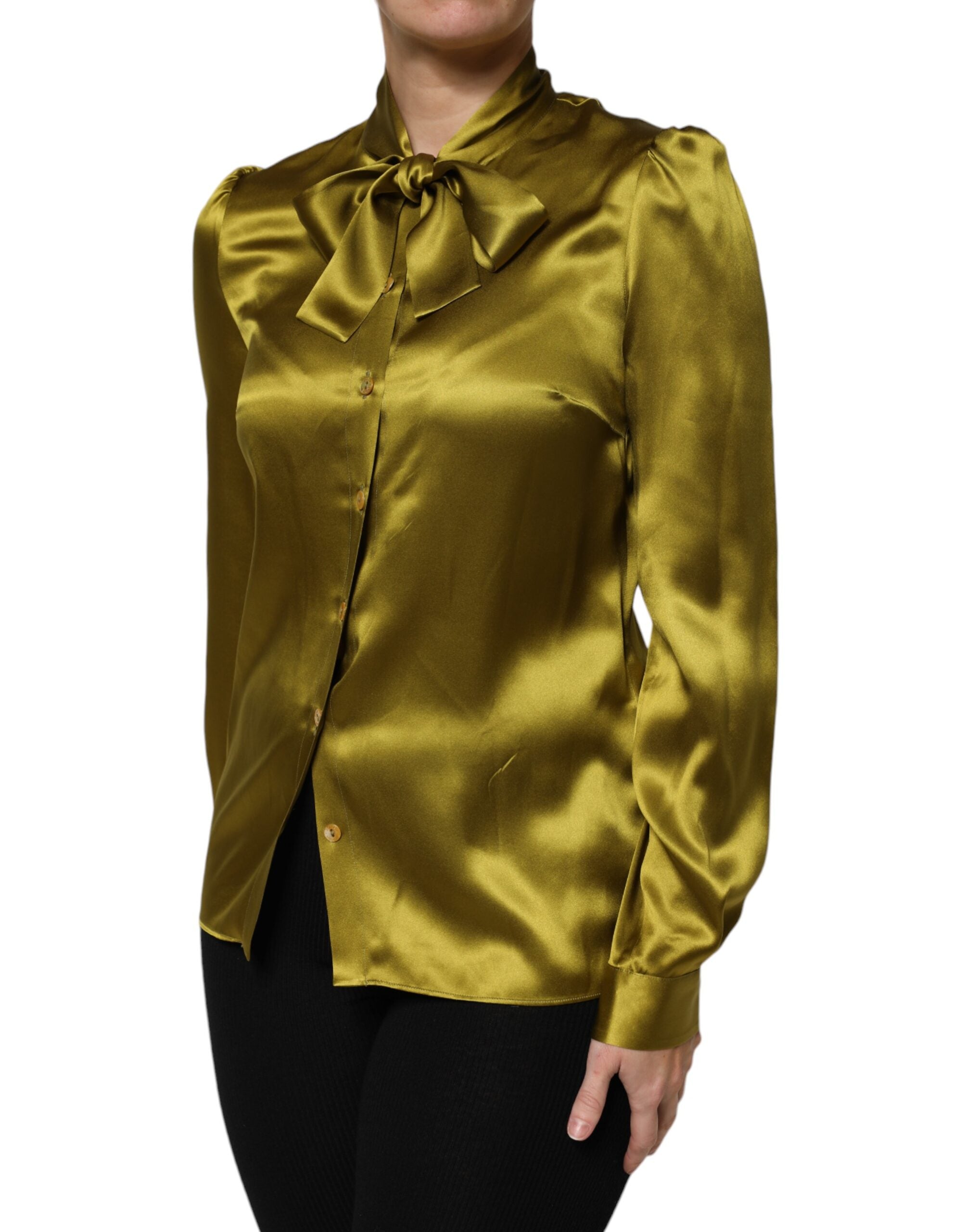 Green Ascot Collar Long Sleeves Blouse Top