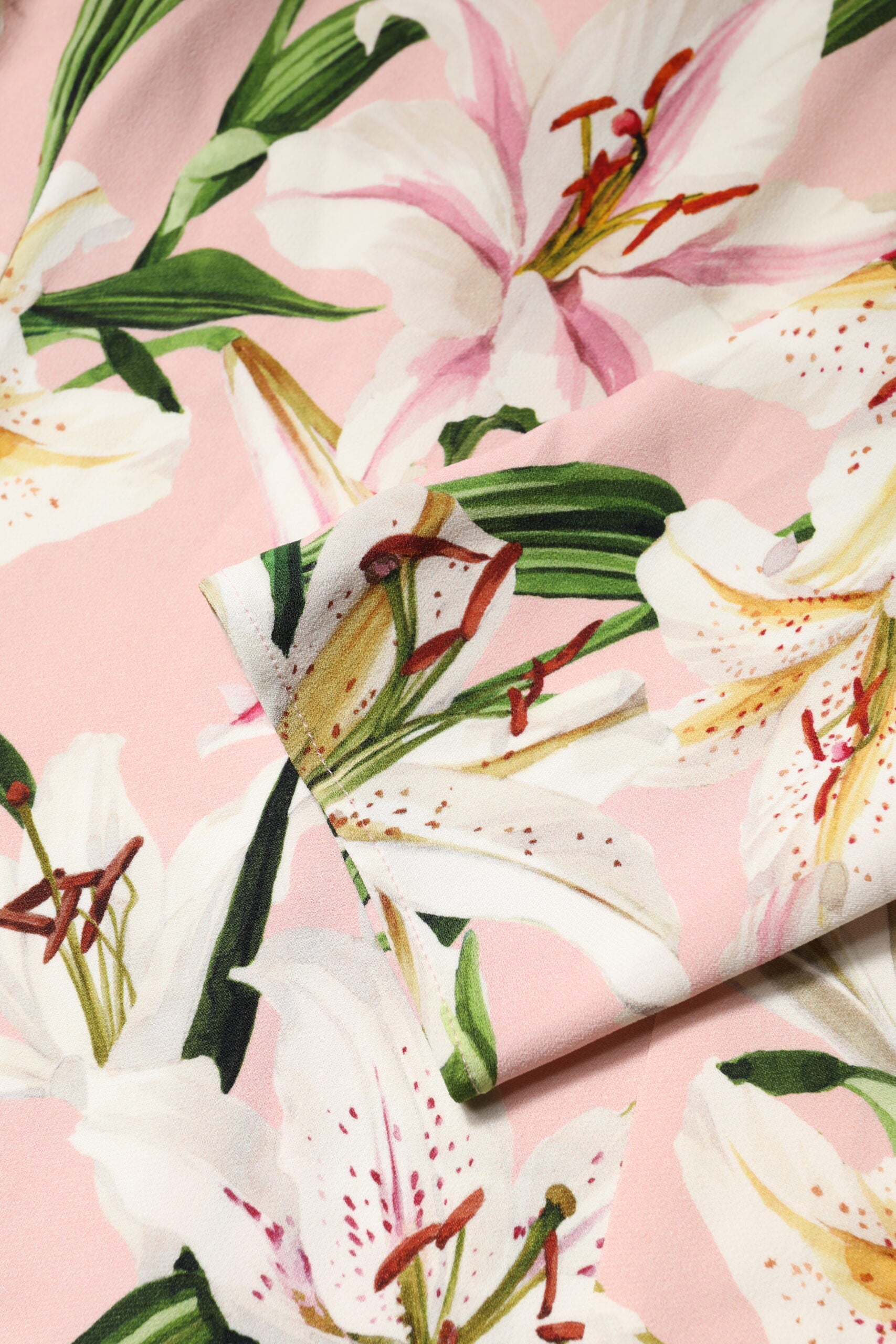 Pink Lily Print Viscose Round Neck Blouse Top