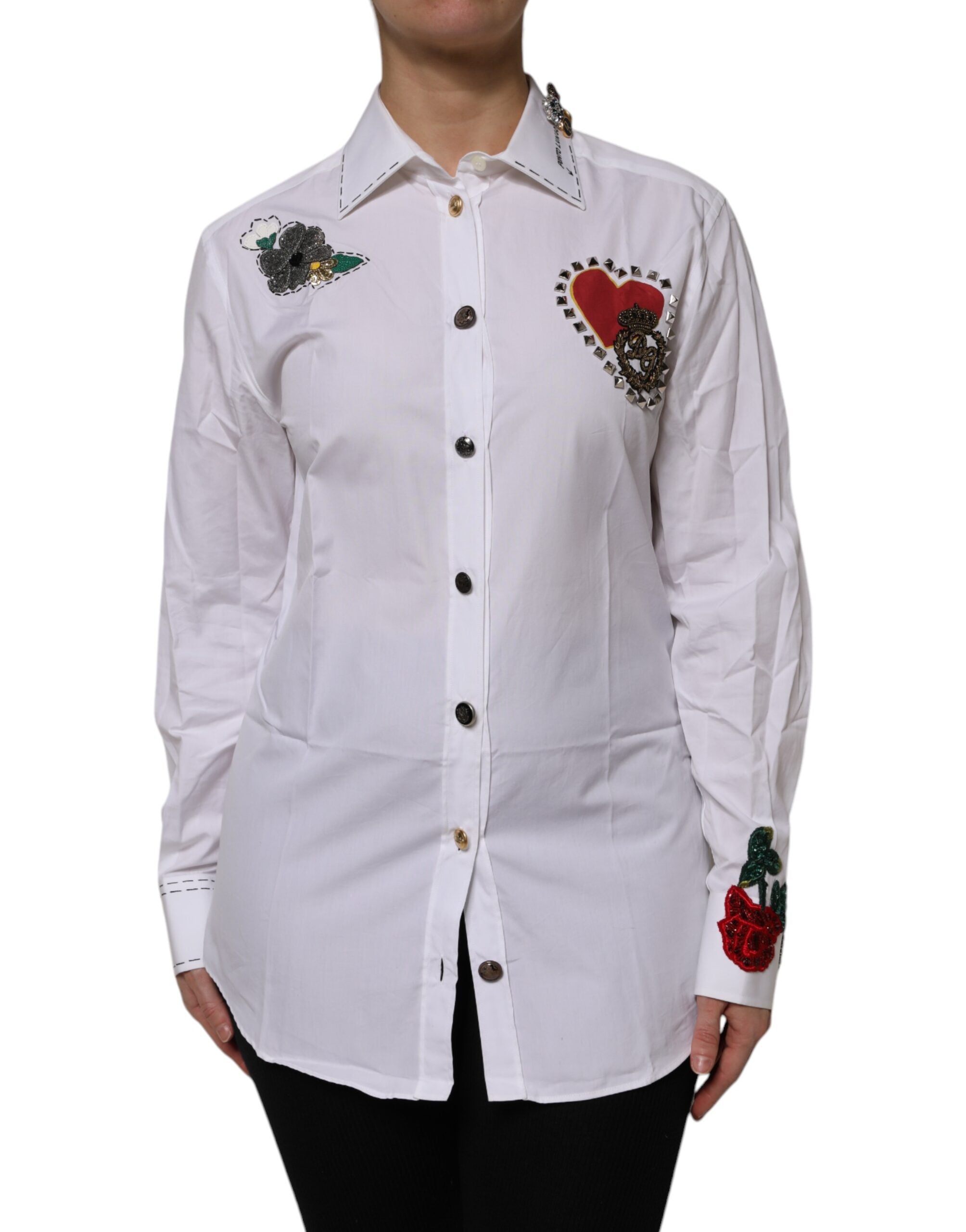 White Cotton Floral Embellished Shirt Top