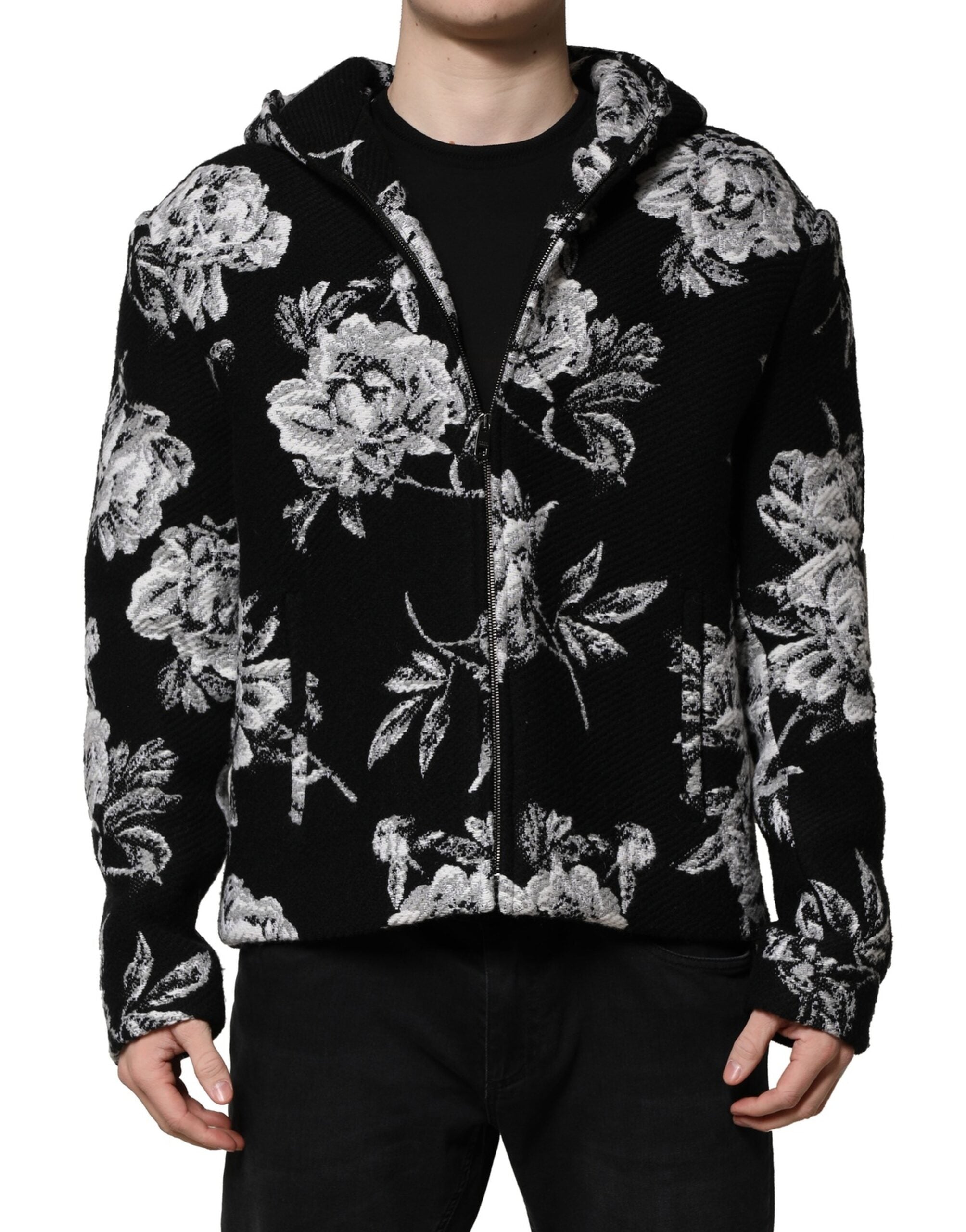 Black Wool Floral Printed Men Hooded Jacket