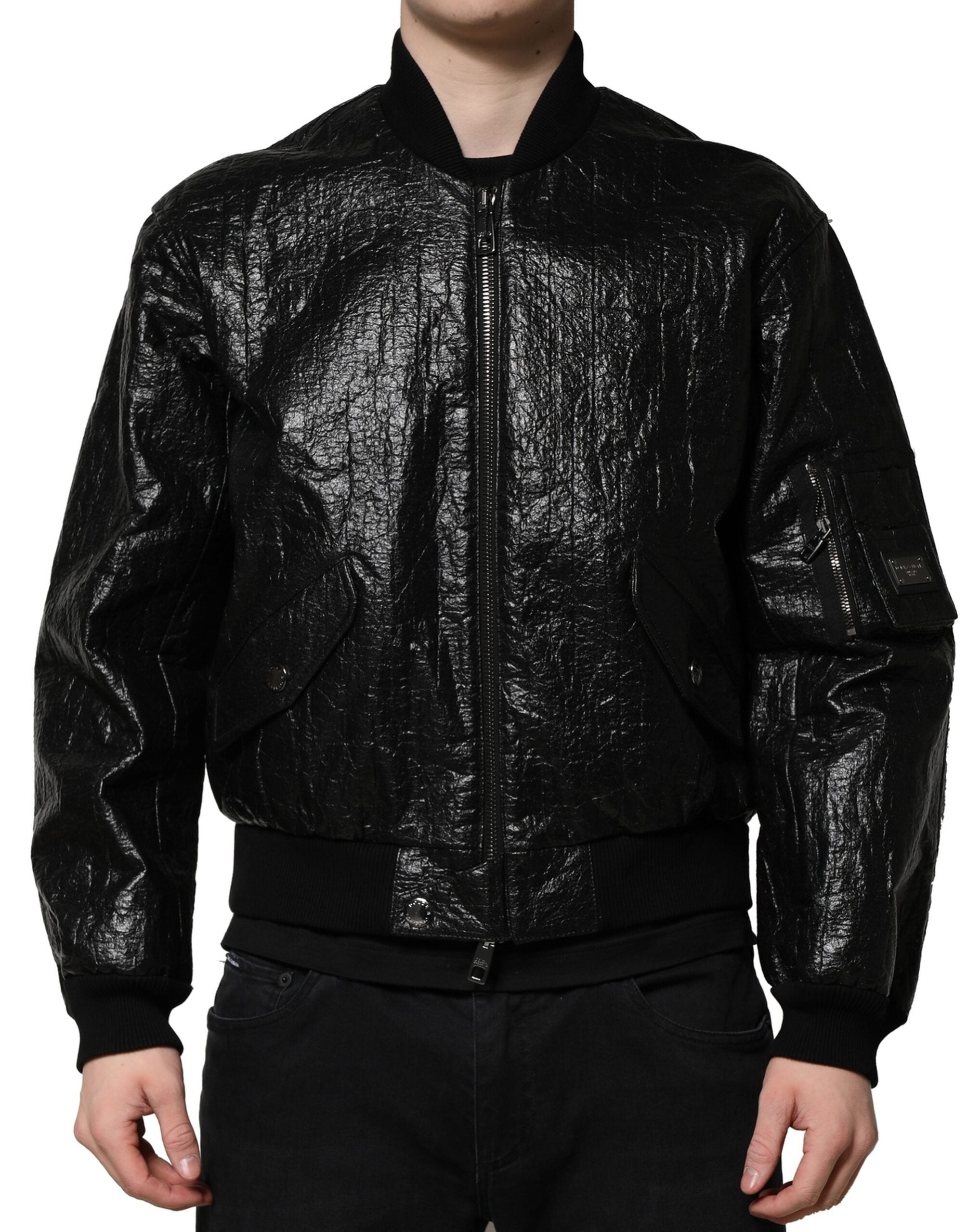 Black Logo Plaque Bomber Full Zipper Jacket