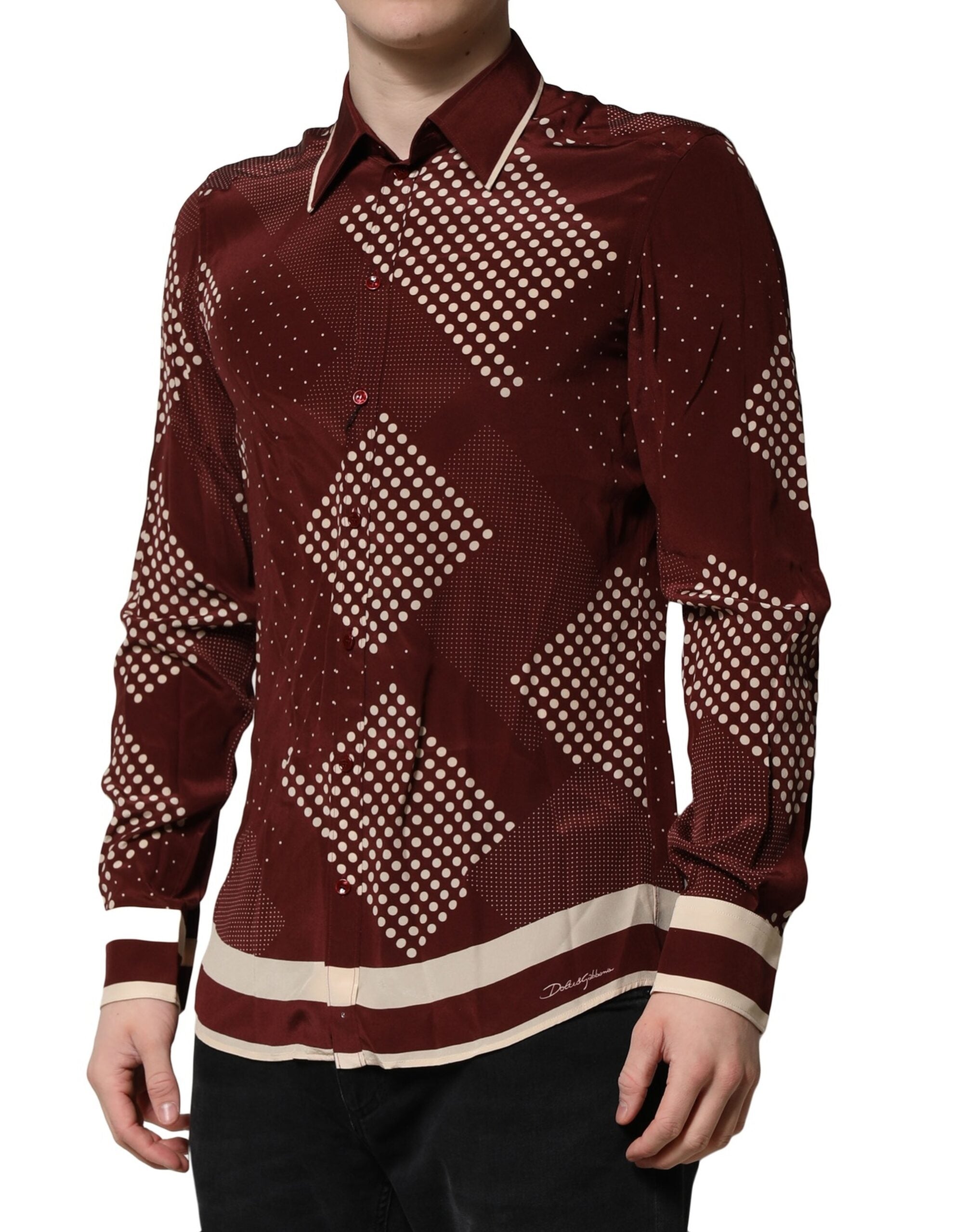 Maroon Dotted Silk Long Sleeve Casual Shirt