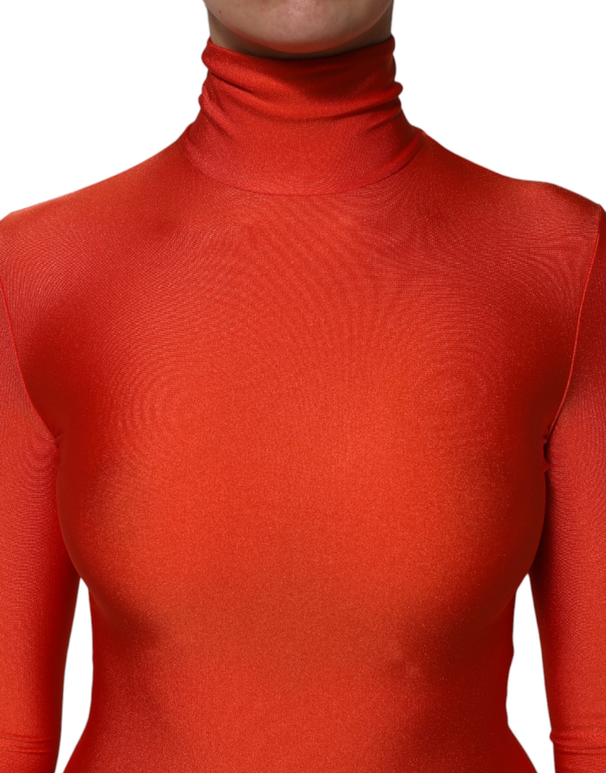 Red Nylon Turtleneck Bodycon Jumpsuit Dress