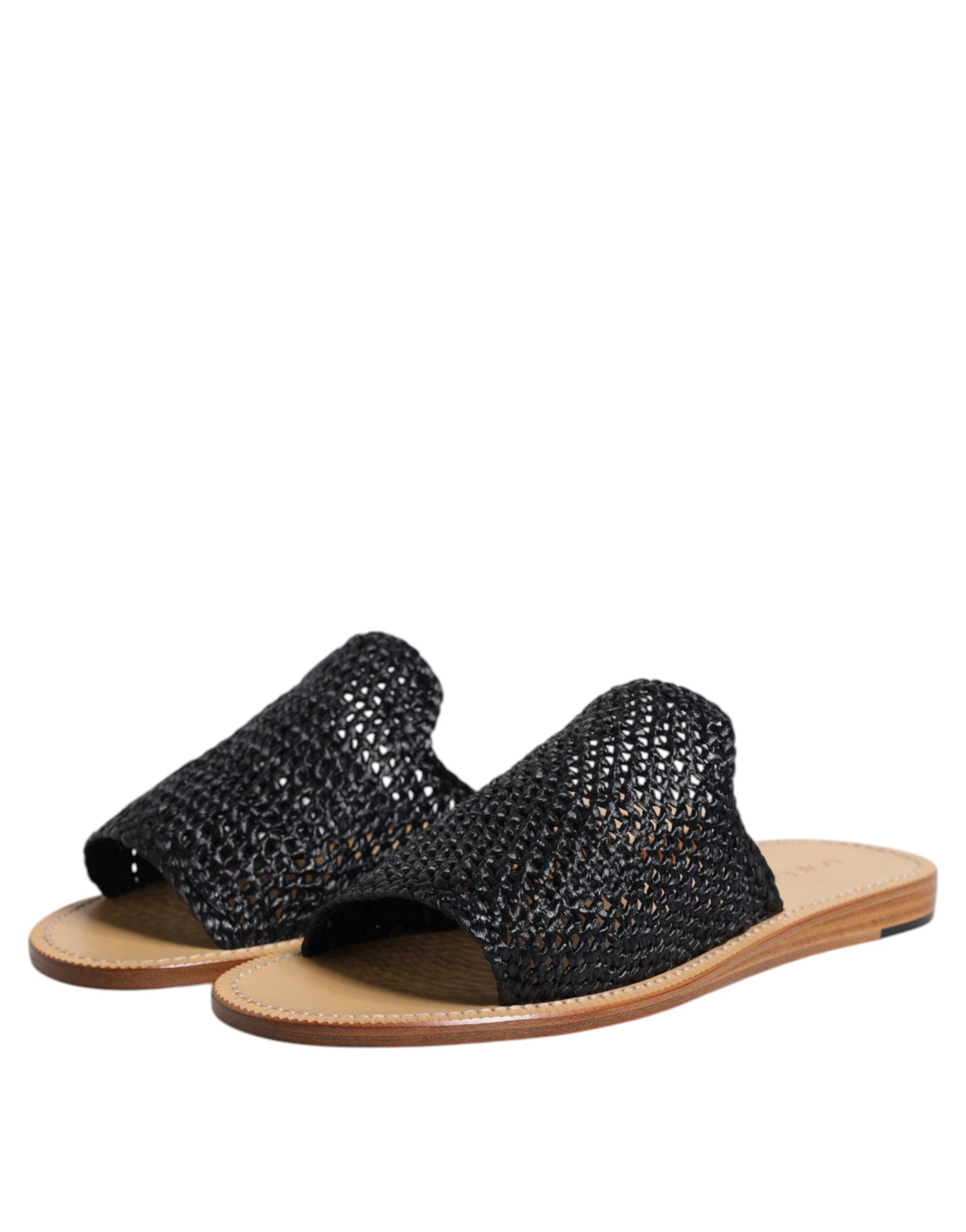 Black Monochrome Braided Raffia Slides Shoes