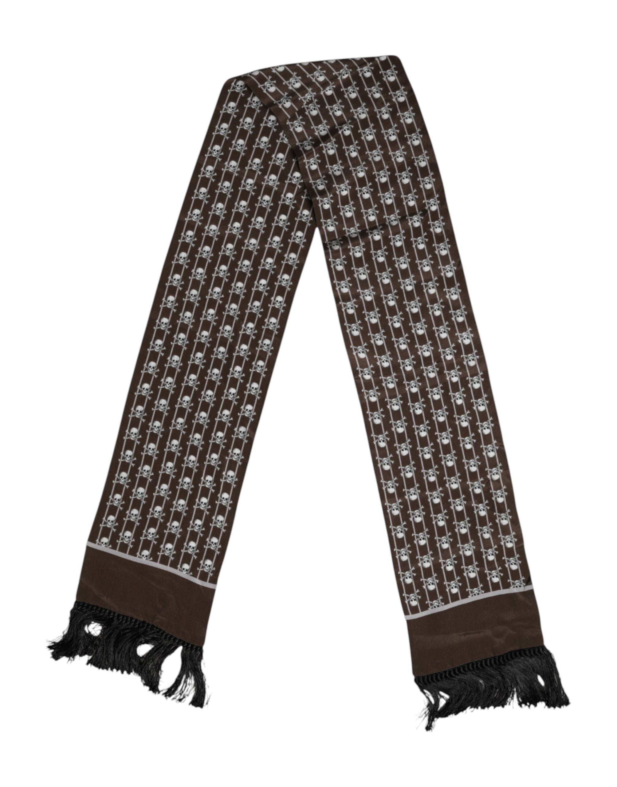 Brown Skulls Print Fringes Men Foulard Scarf