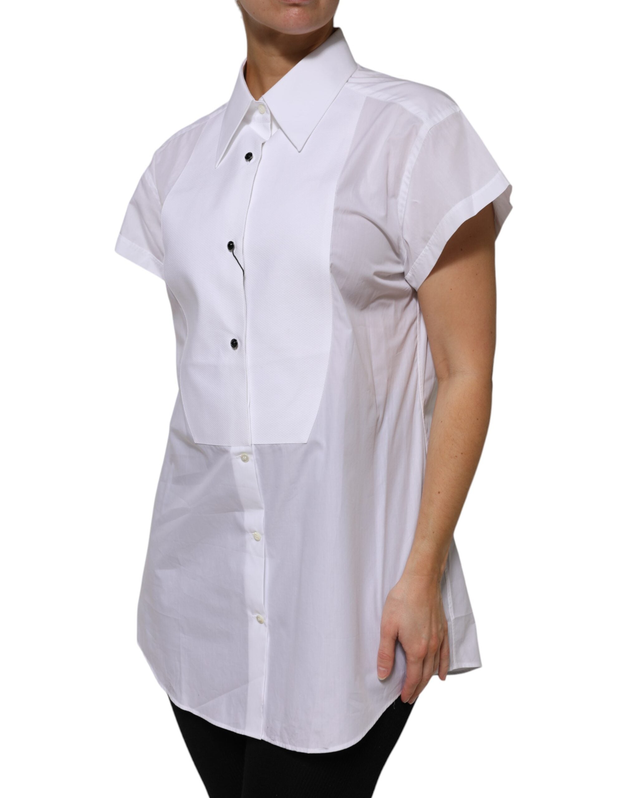 White Cotton Collared Short Sleeves Top