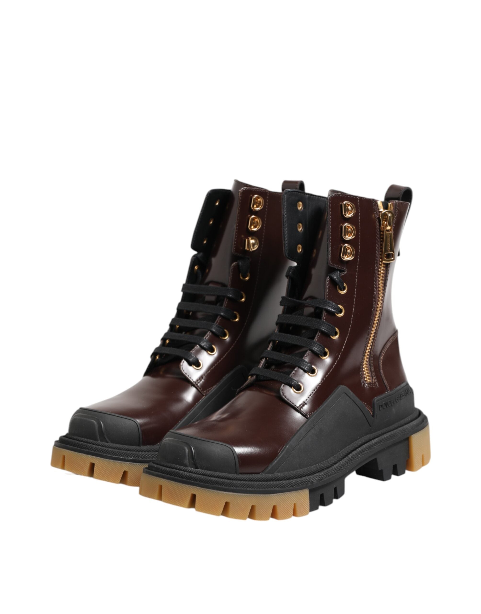 Brown Black Leather Boots Zipper Lace Up Shoes