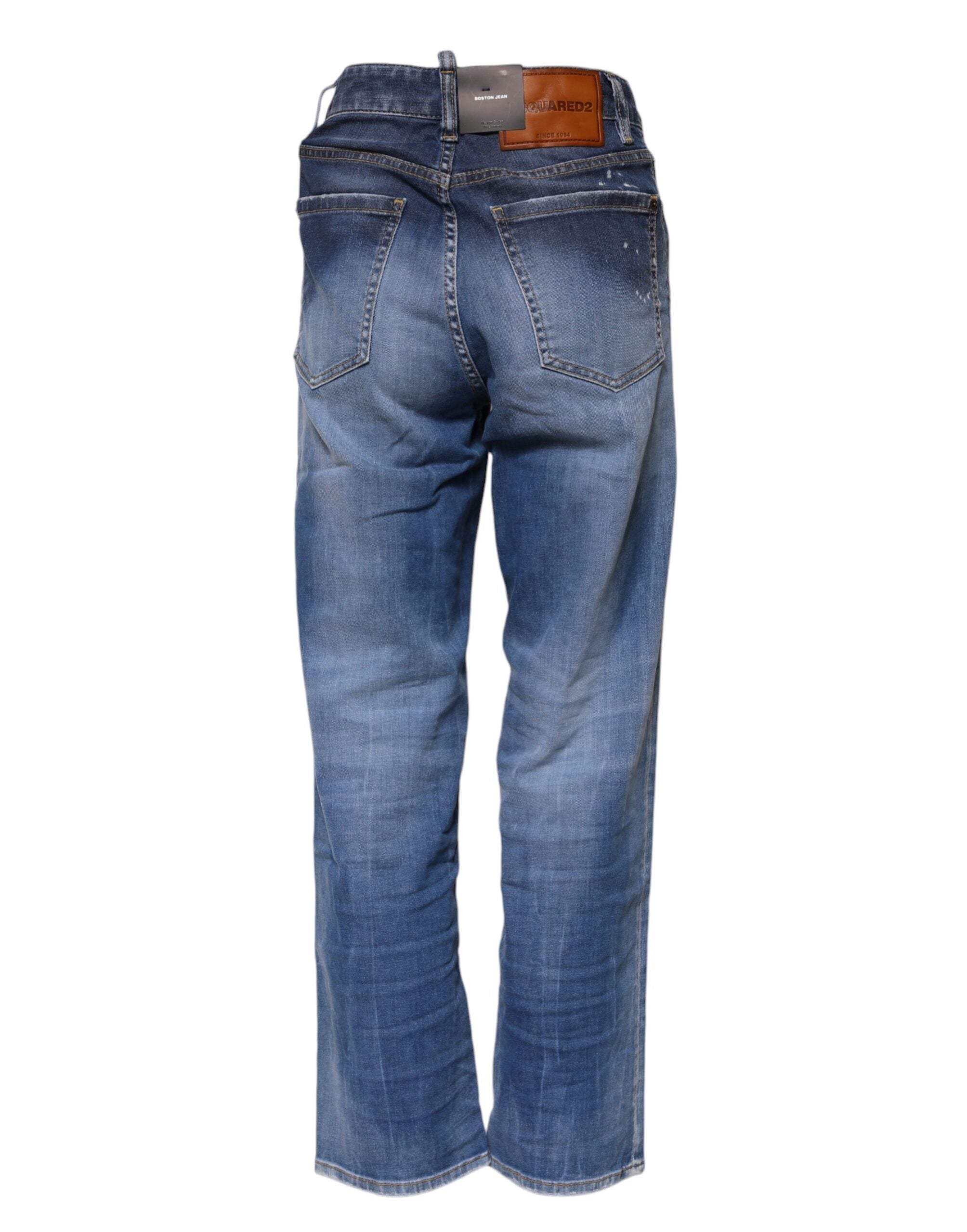 Blue Washed Cotton Mid Waist Straight Jeans