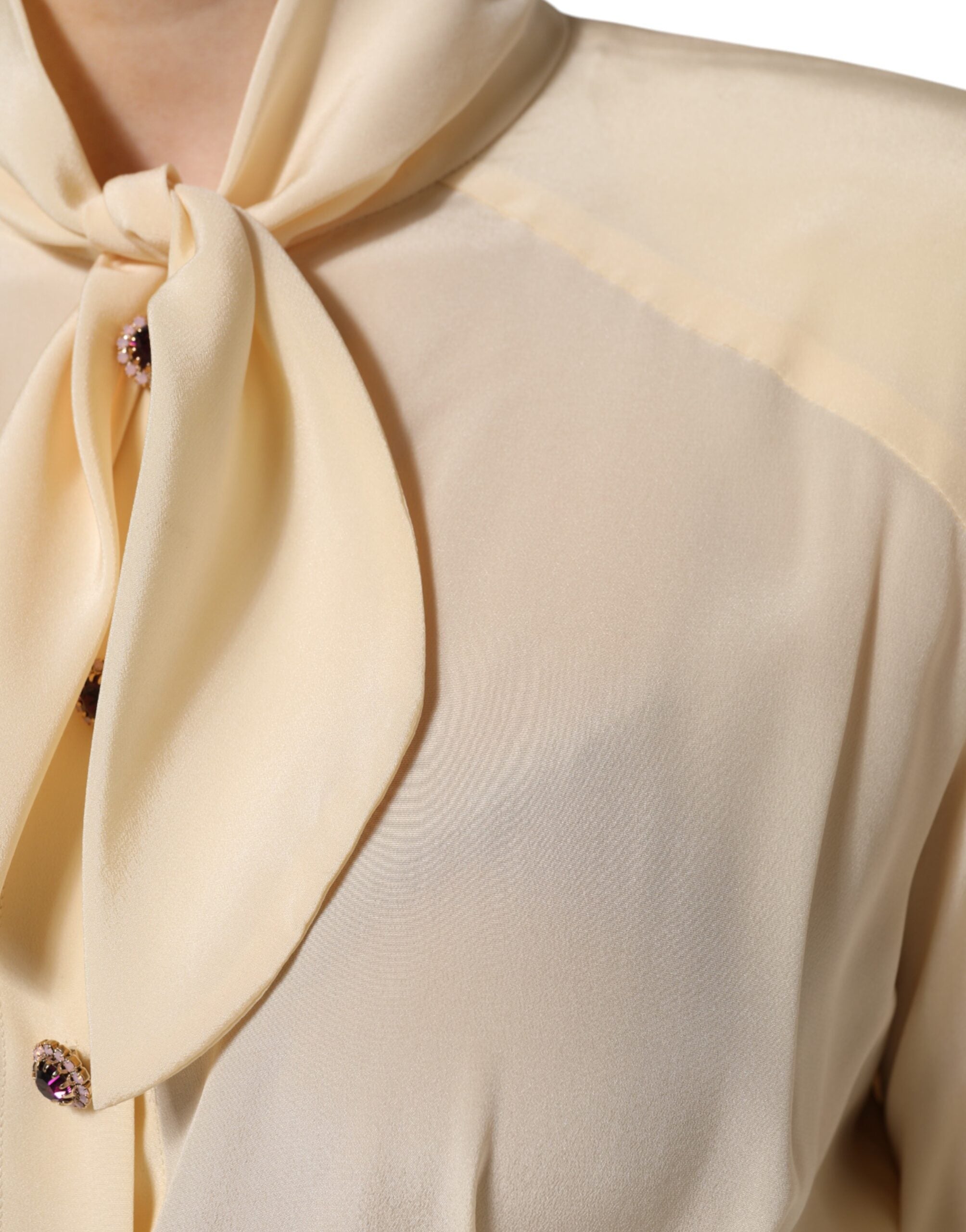 Light Yellow Silk Ascot Collared Blouse Top