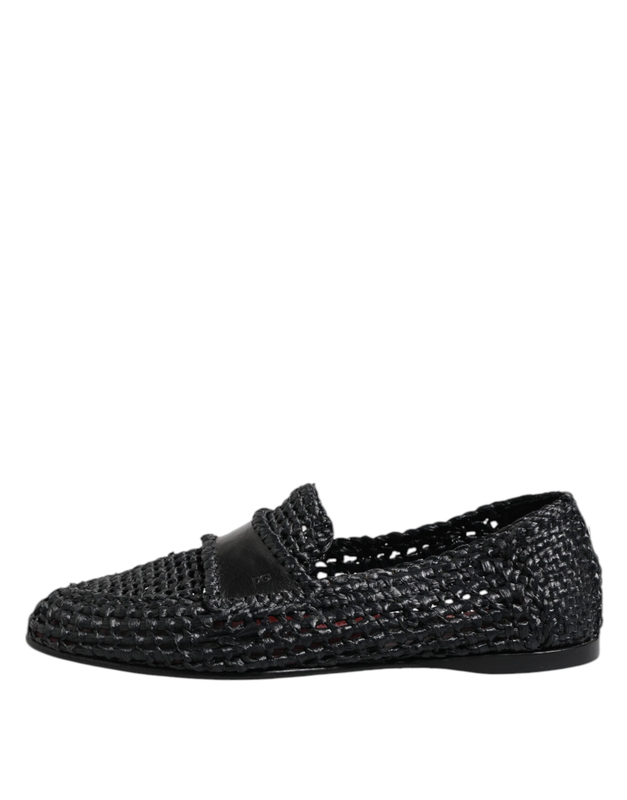 Black Woven Leather Slip On Loafers Men Shoes