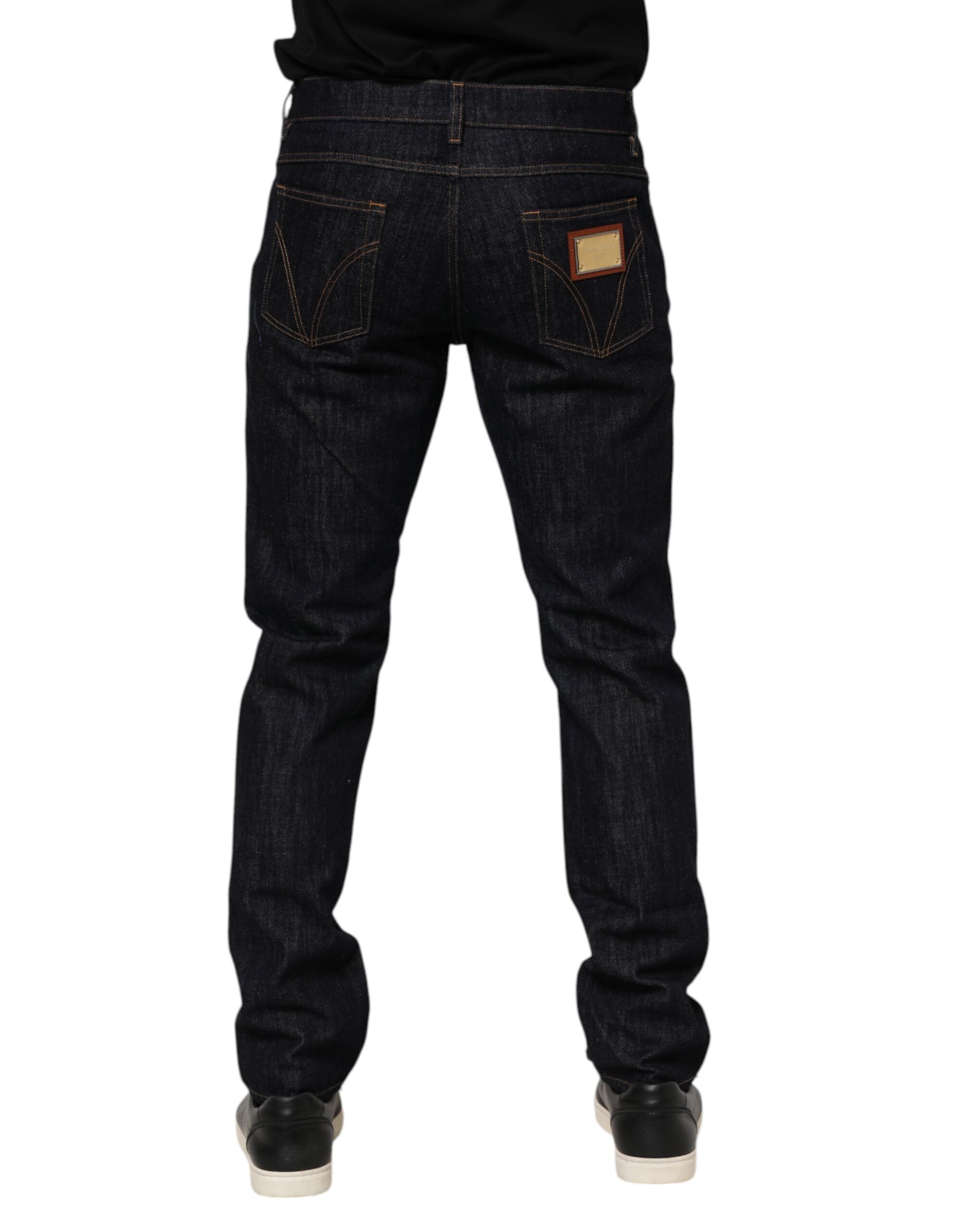 Dark Blue Cotton Logo Plaque Men Denim Jeans