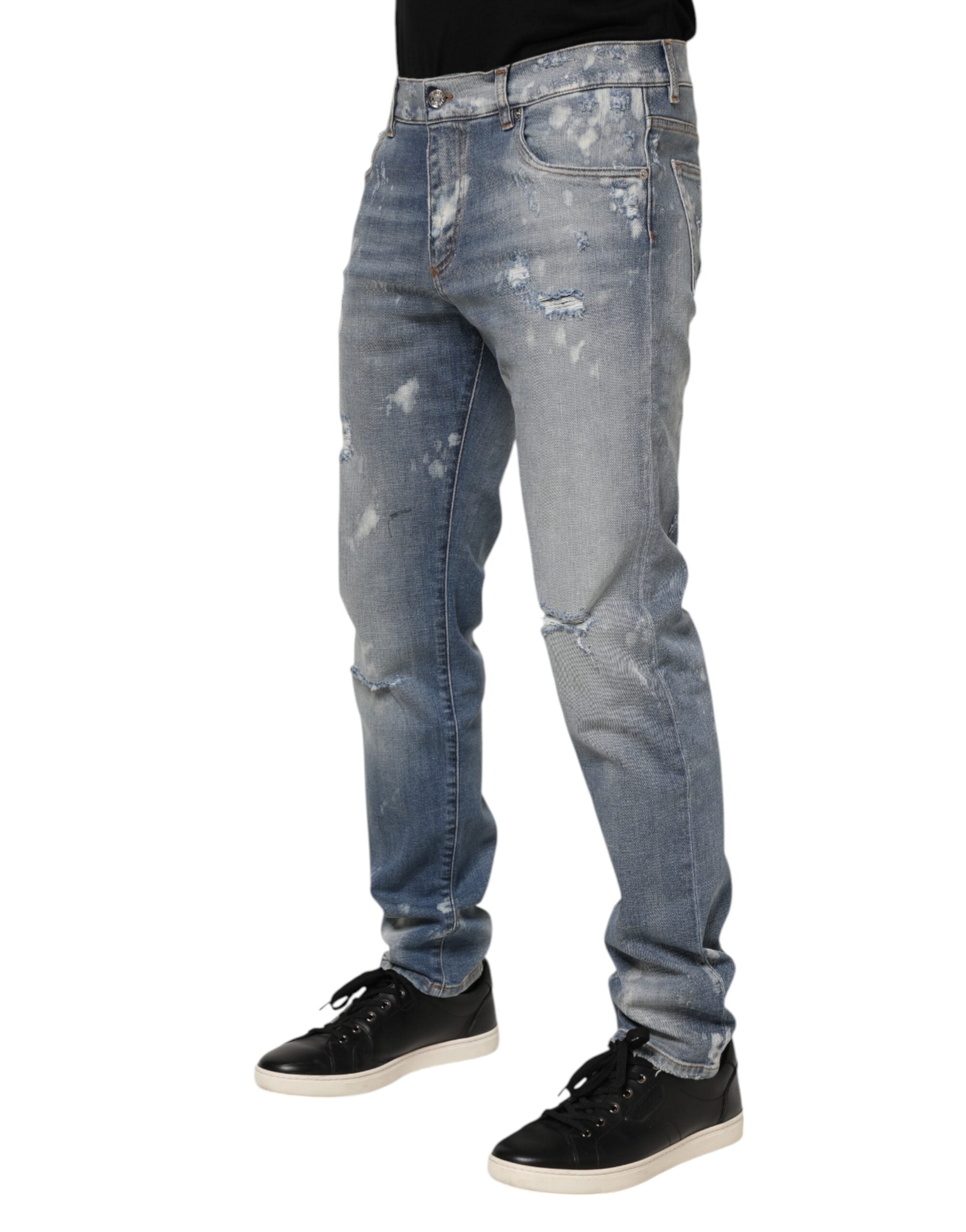Blue Cotton Tattered Slim Fit Men Denim Jeans