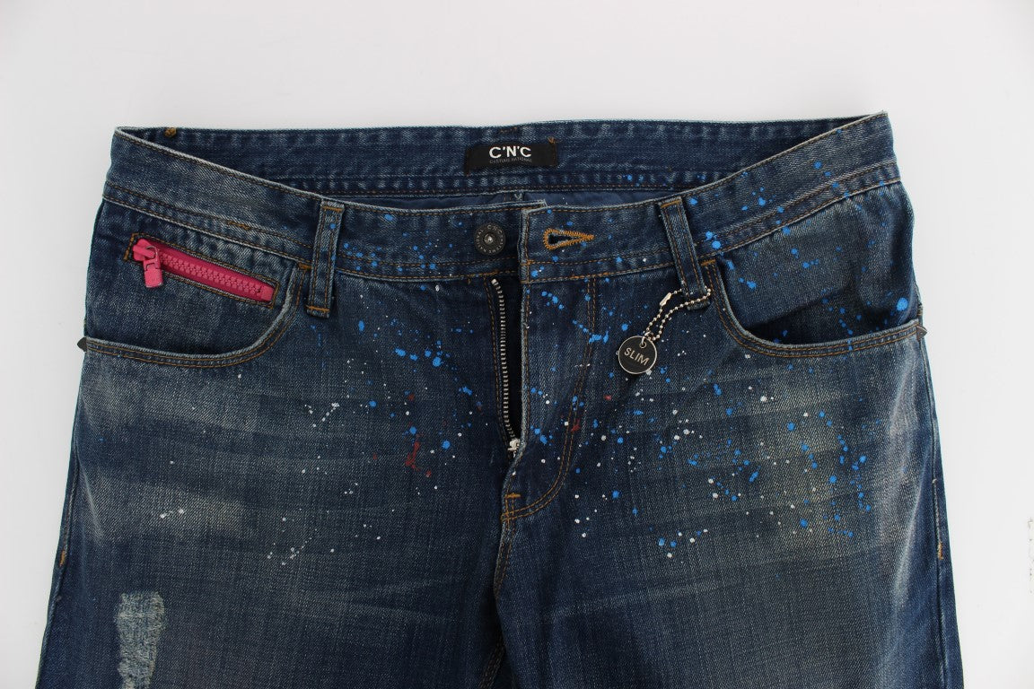 Blue Wash Paint Slim Fit Pants Jeans