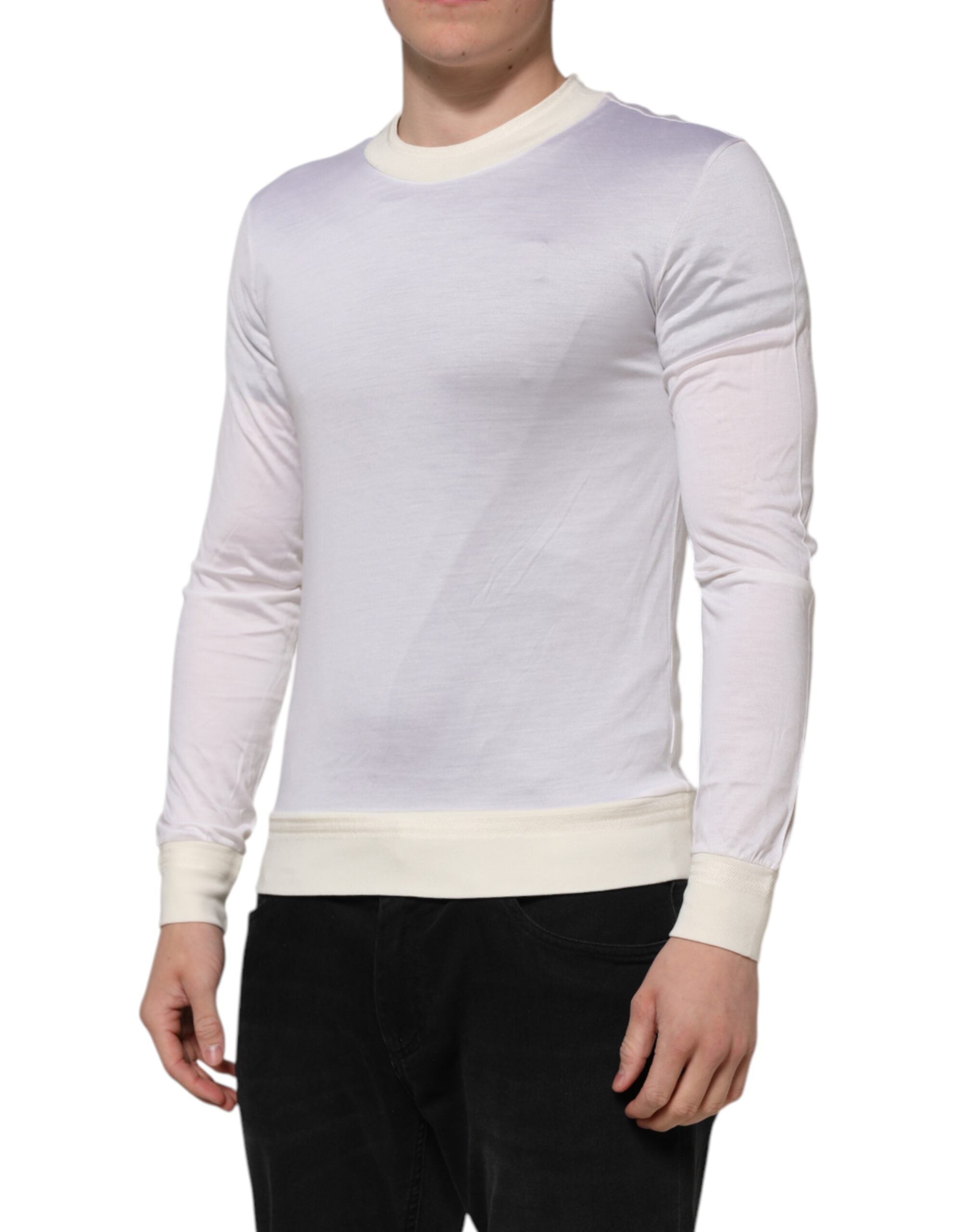 White Silk Crew Neck Long Sleeves T-shirt