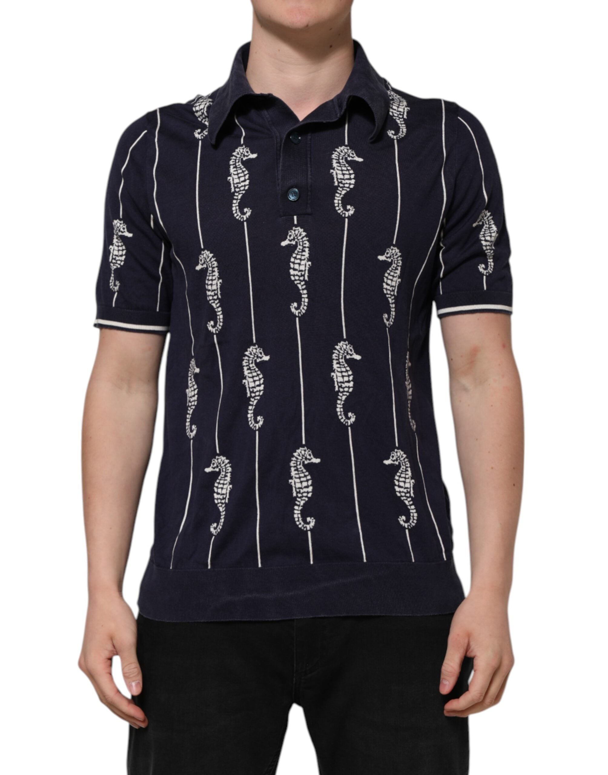 Dark Blue Sea Horse Collared Polo T-shirt