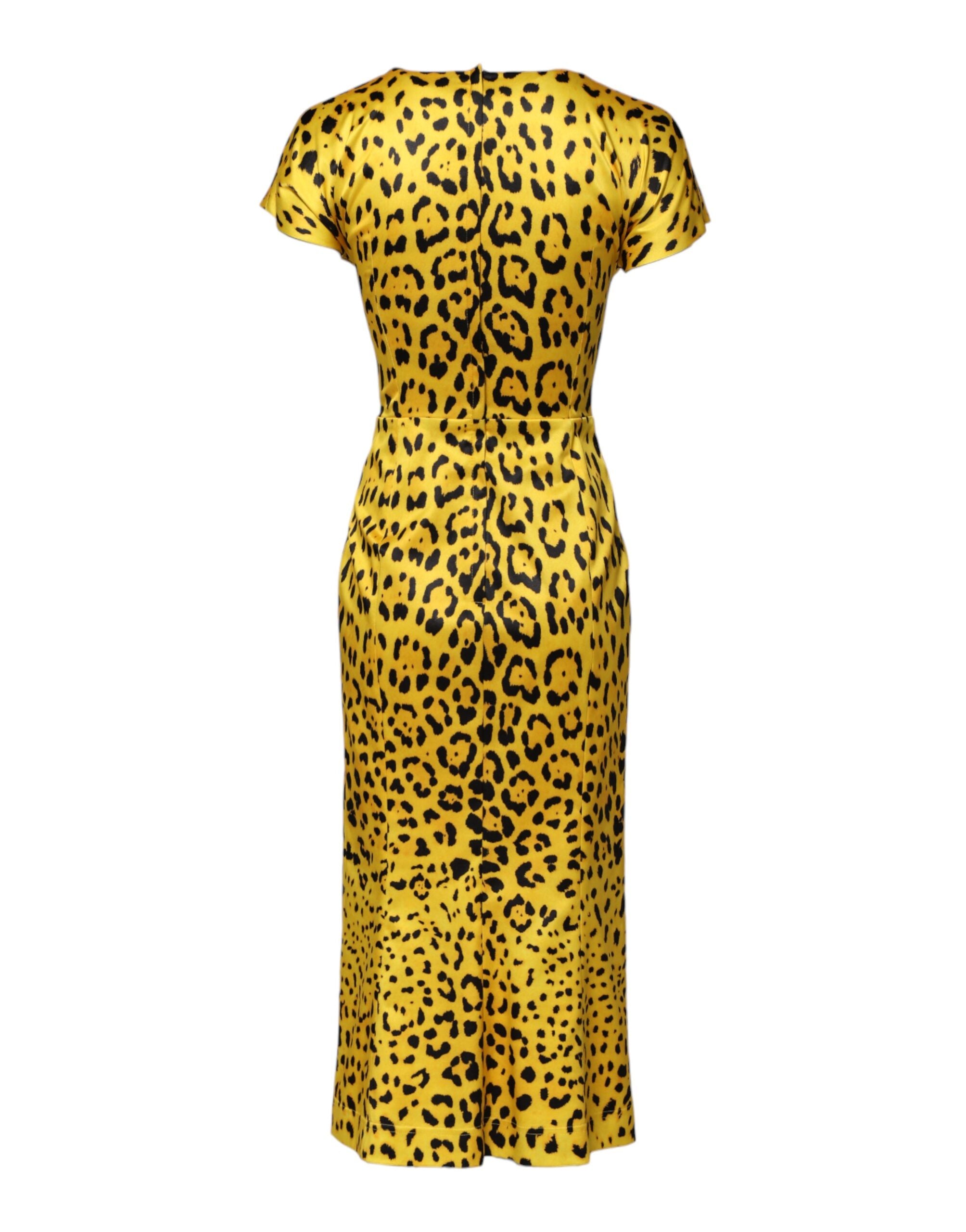 Yellow Polyester Leopard Midi Sheath Dress