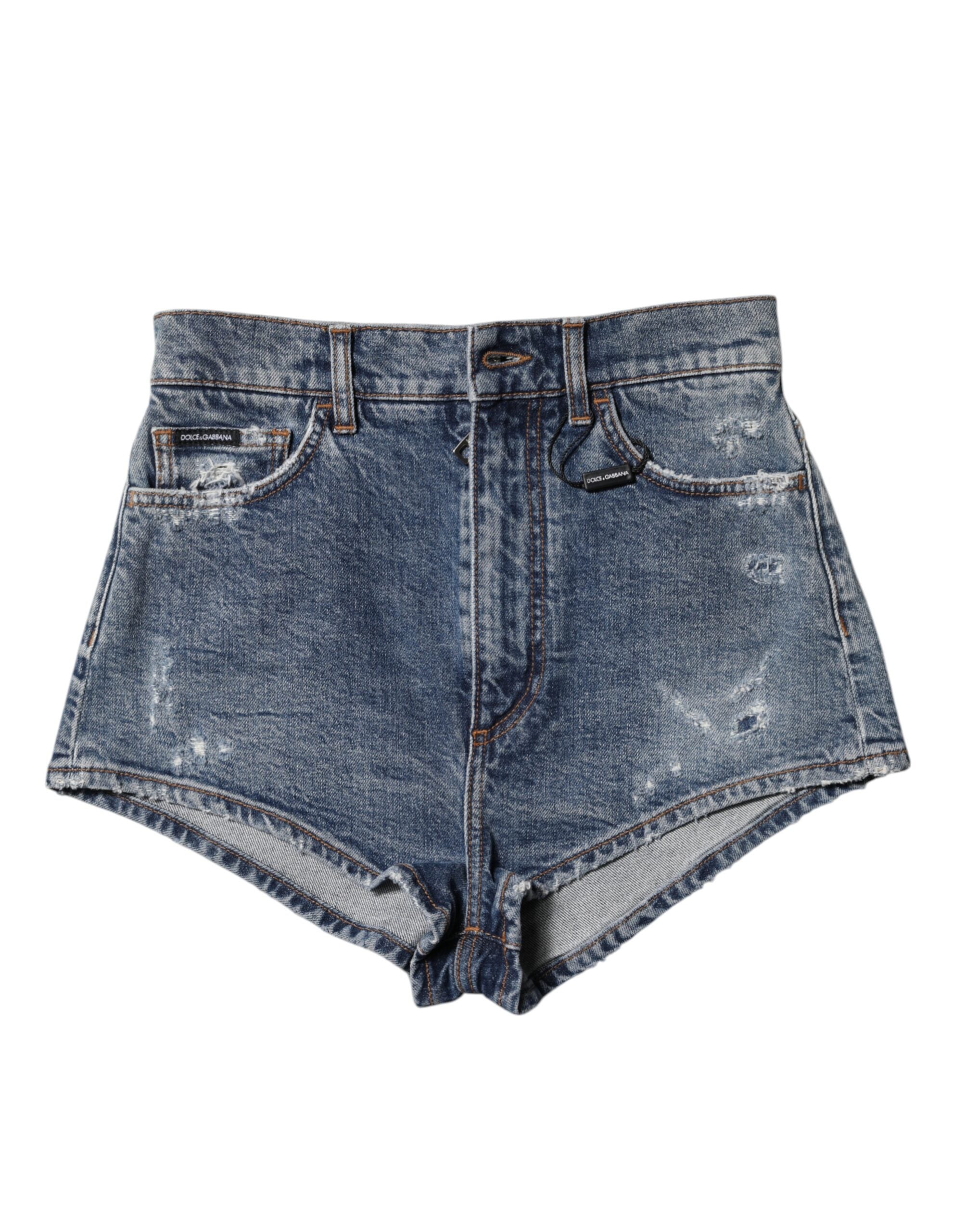 Blue Tattered Denim Cotton Hot Pants Shorts