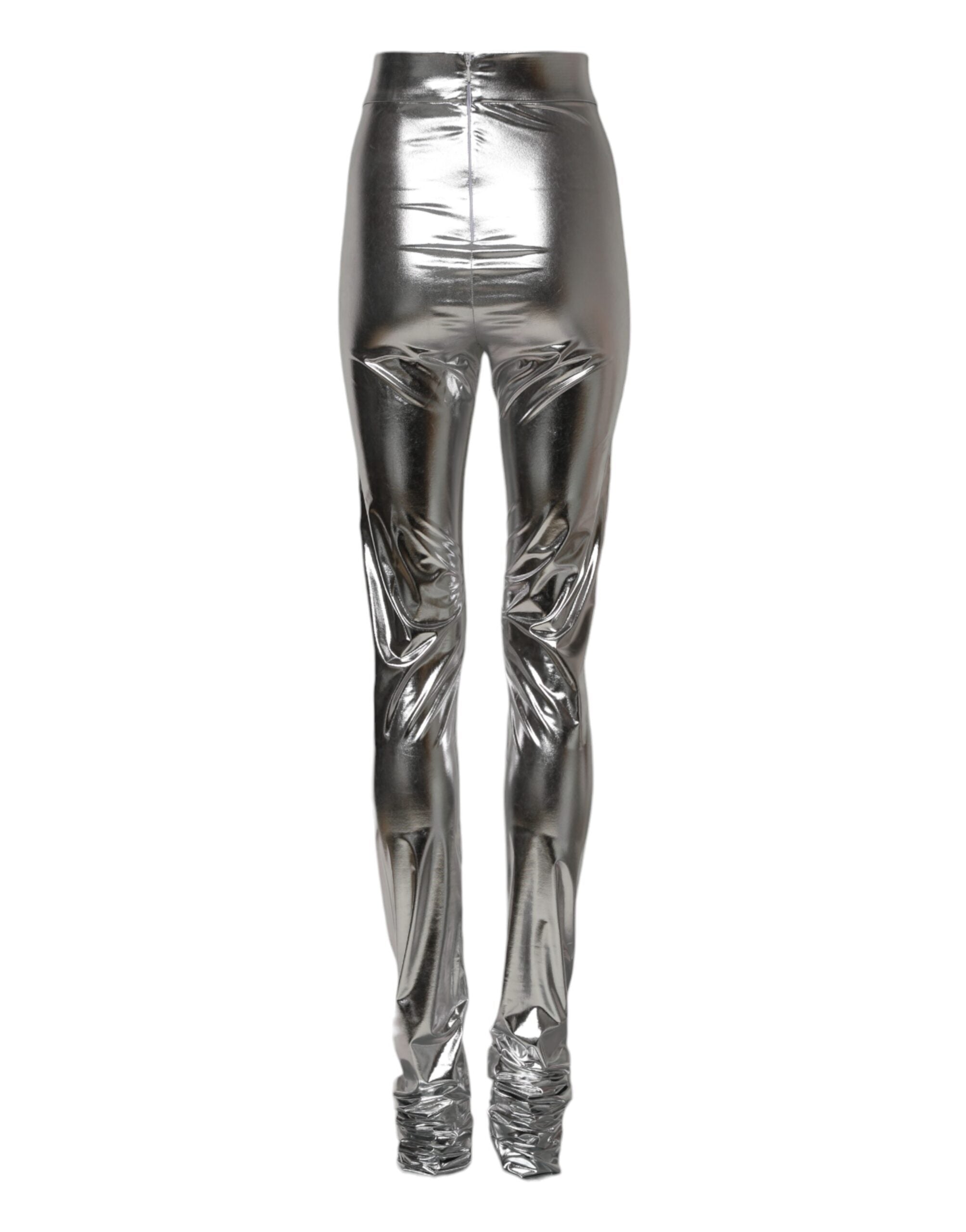 Metallic Silver Polyester Slim Fit Leggings Pants