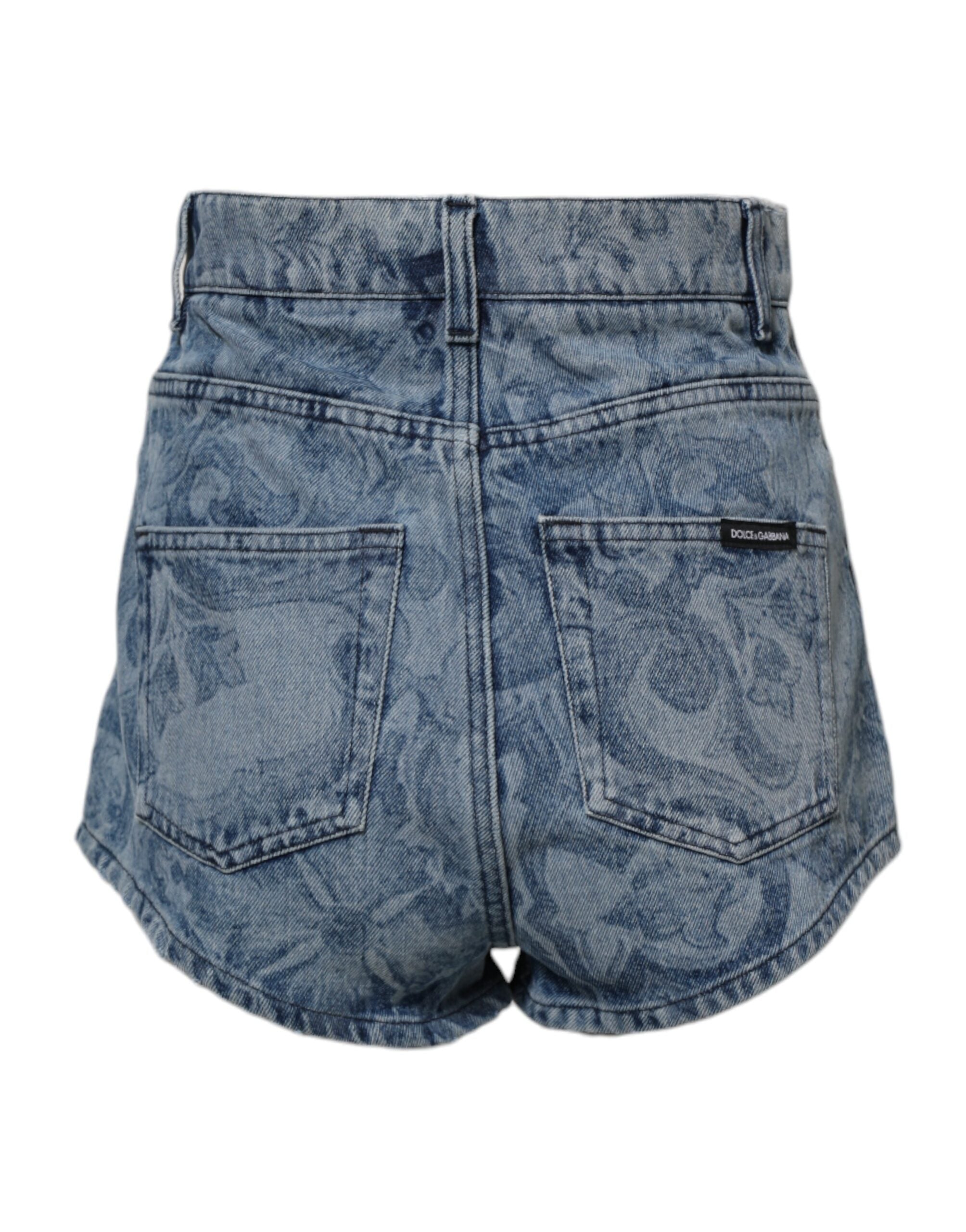 Blue Floral Print Denim Cotton Hot Pants Shorts