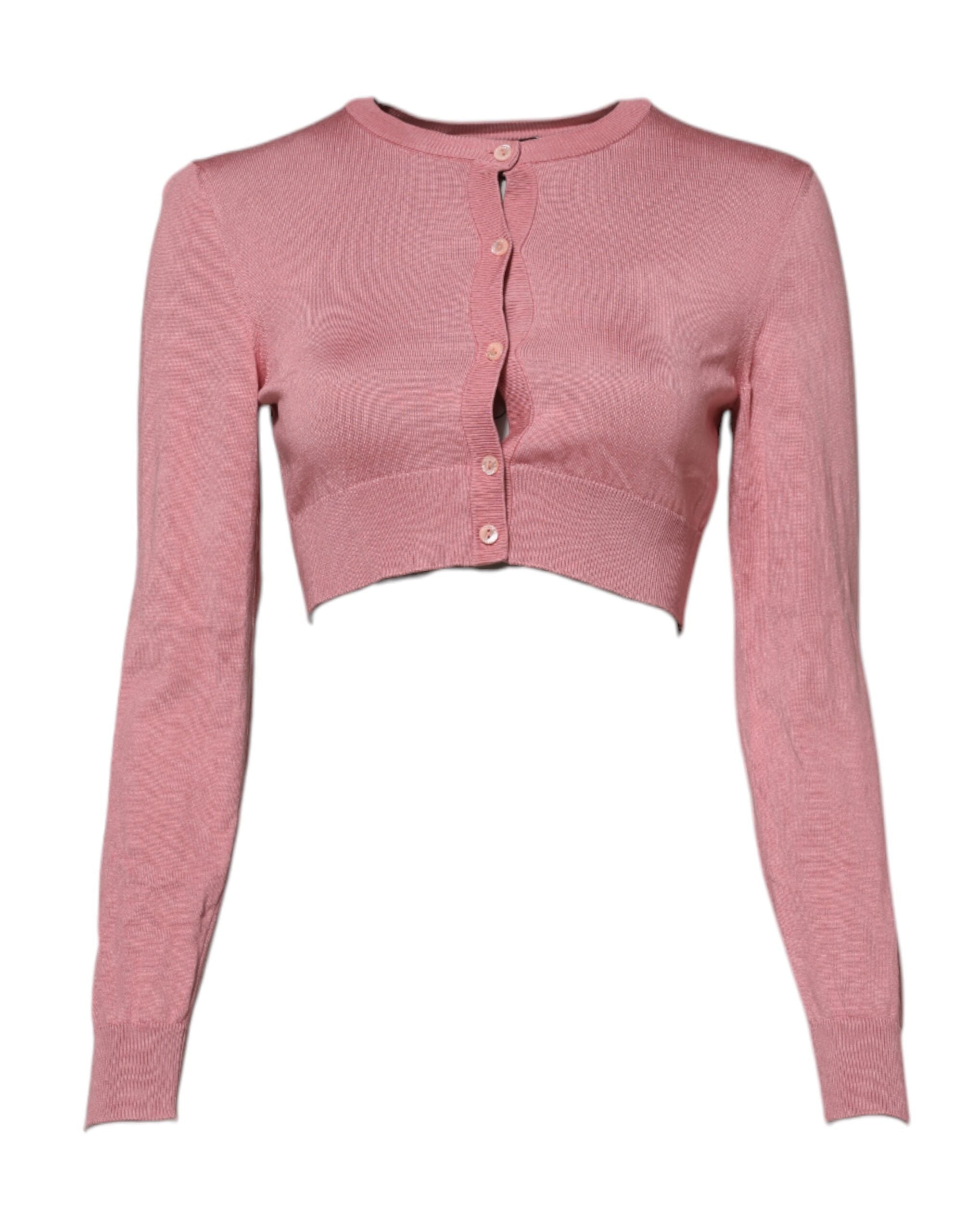 Pink Silk Cropped Crew Neck Cardigan Sweater