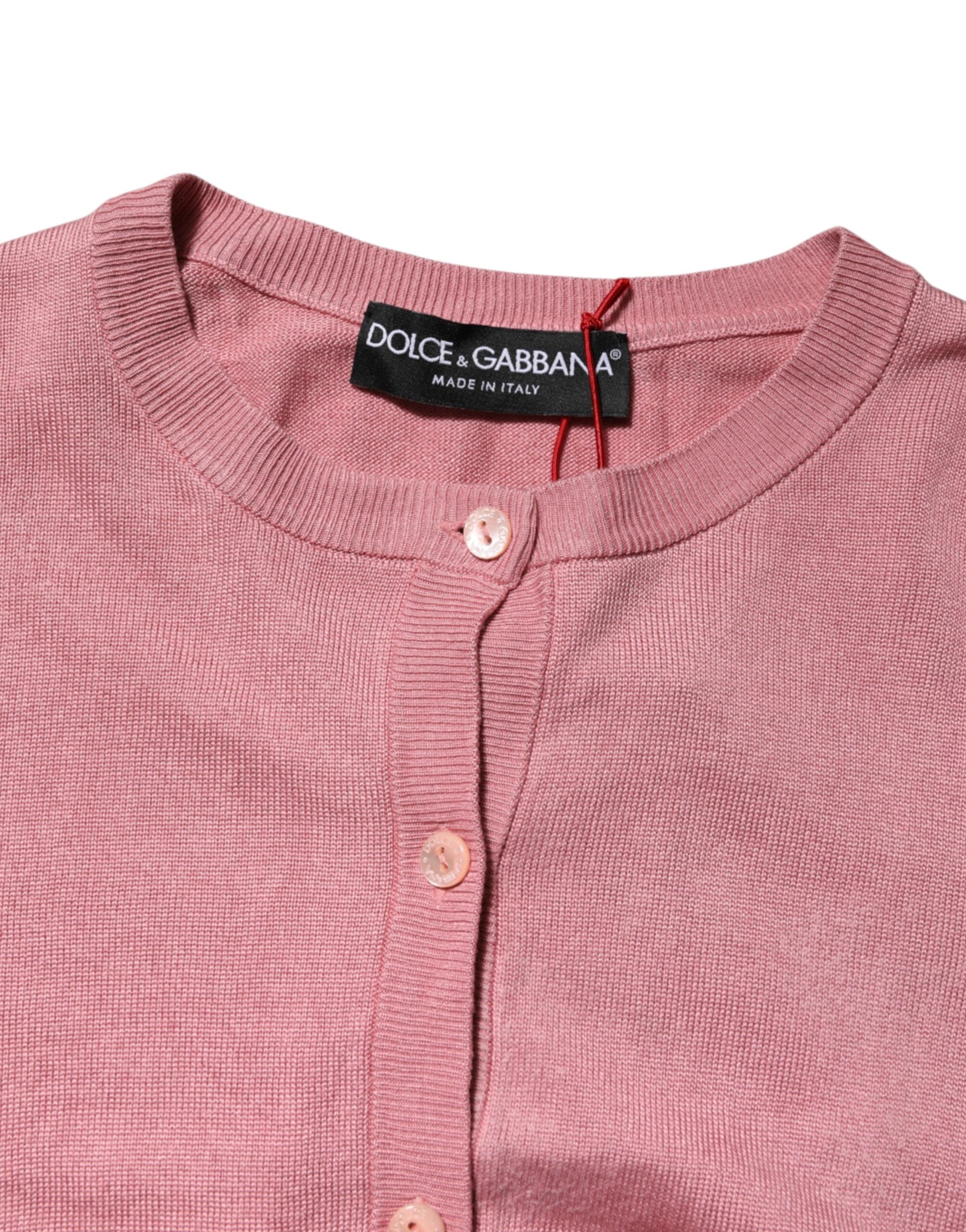 Pink Silk Cropped Crew Neck Cardigan Sweater
