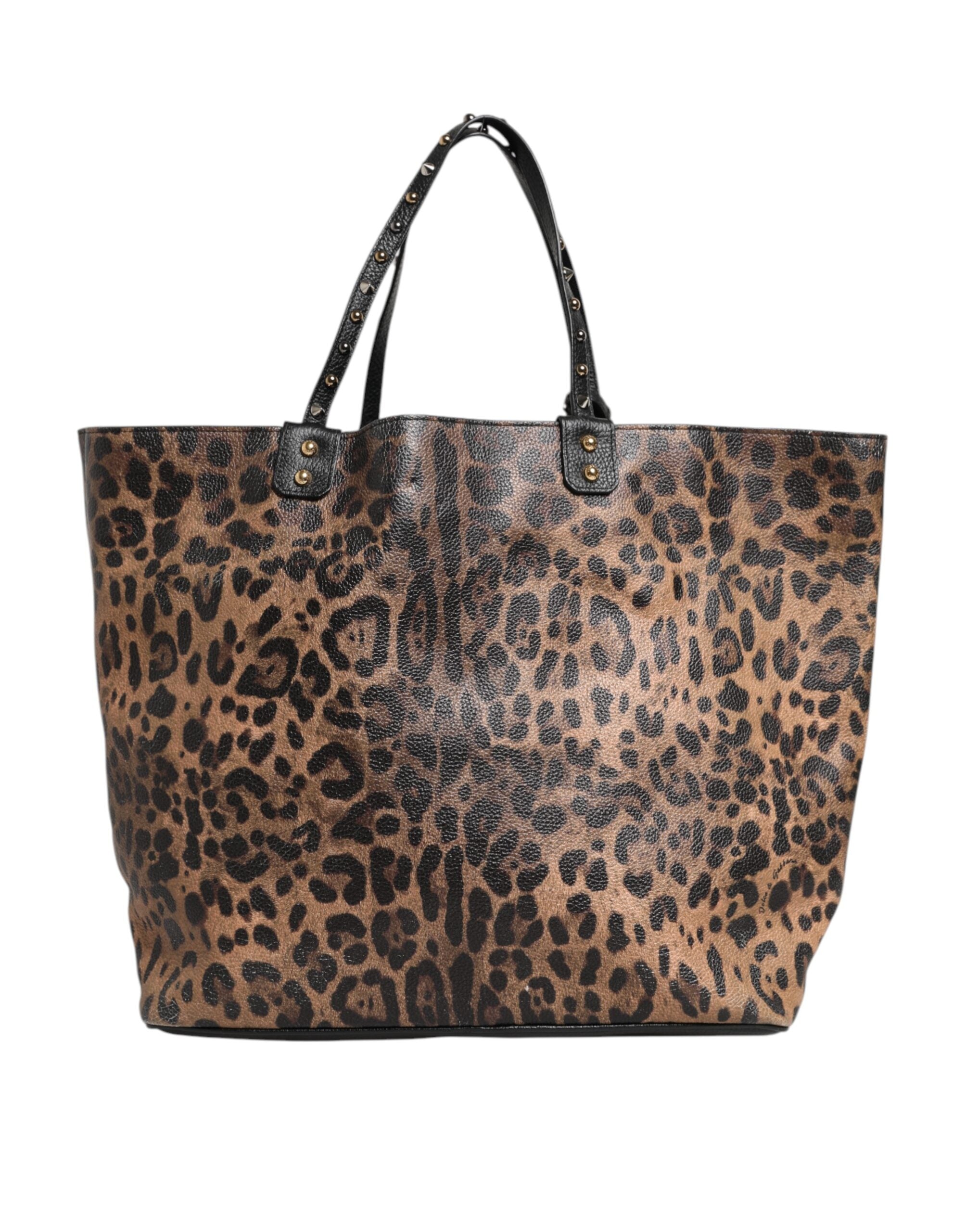 Brown Leopard BEATRICE Leather Logo Plaque Tote Bag