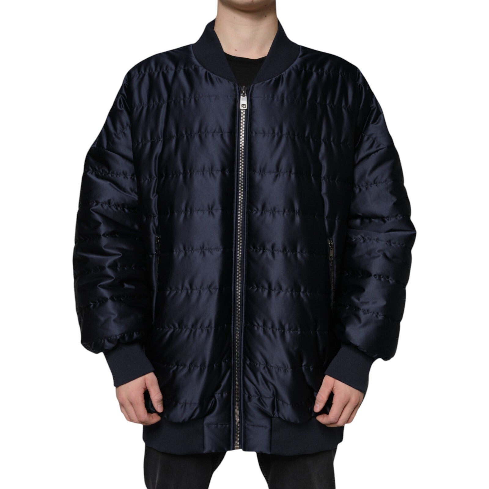 Dark Blue Quilted Full Zip Bomber Jacket