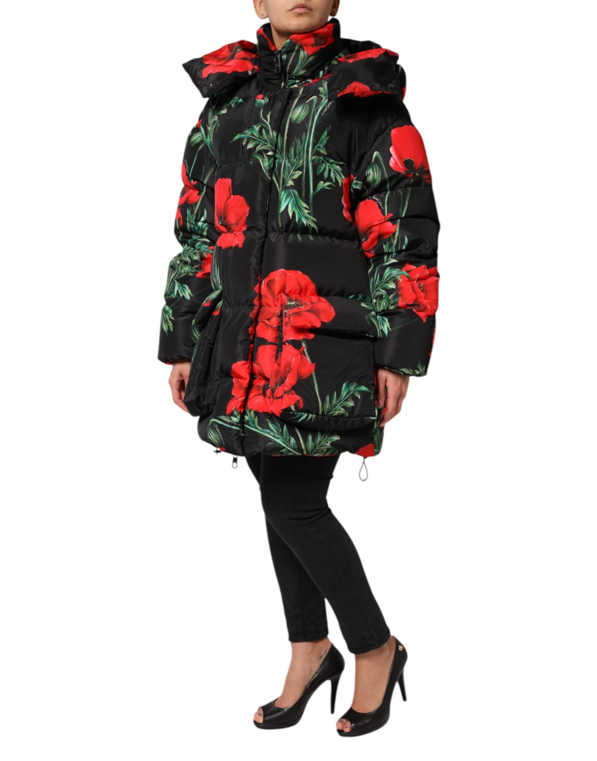 Black Floral Polyester Hooded Quilted Jacket