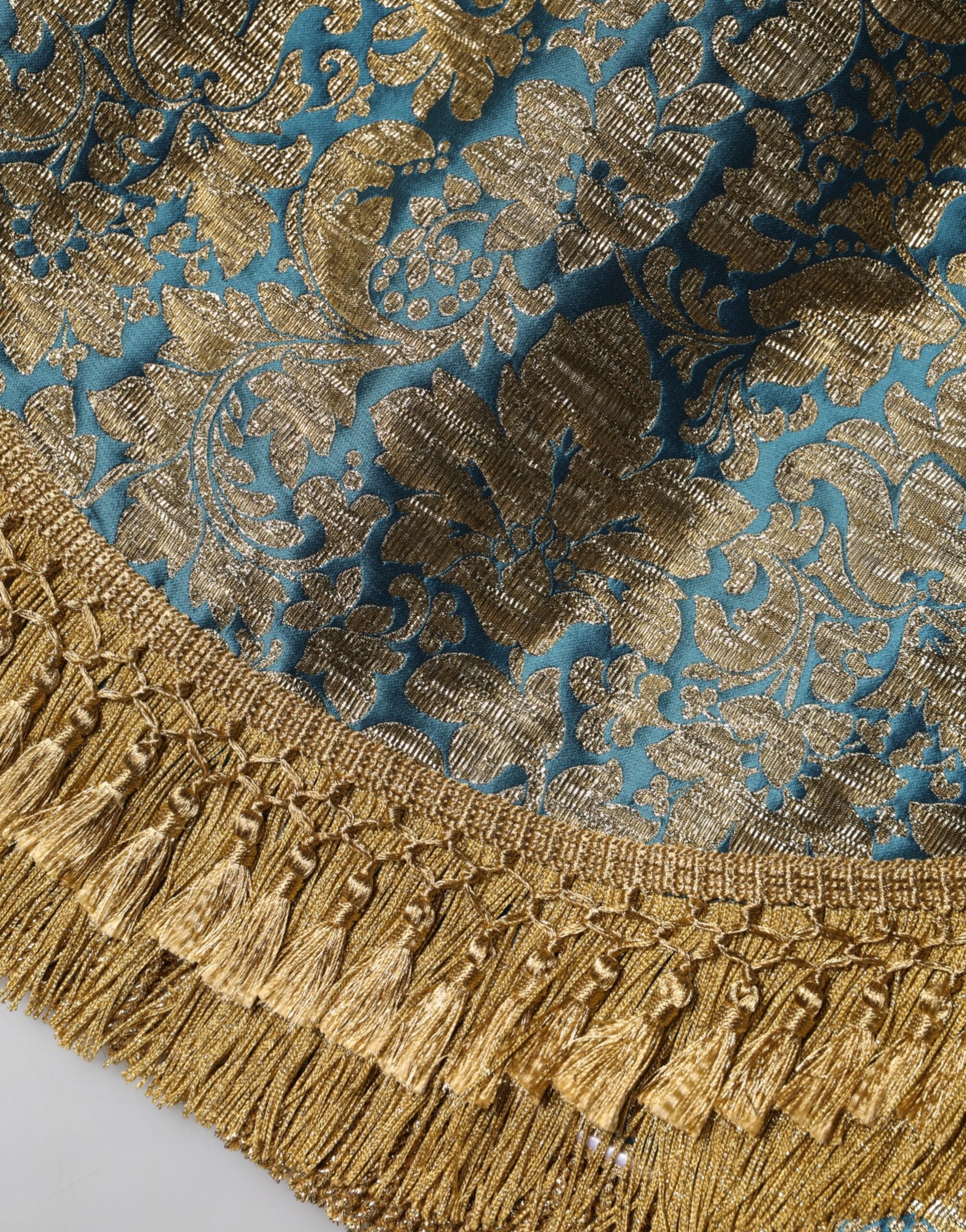 Blue Floral Jacquard Tasseled Mini Skirt